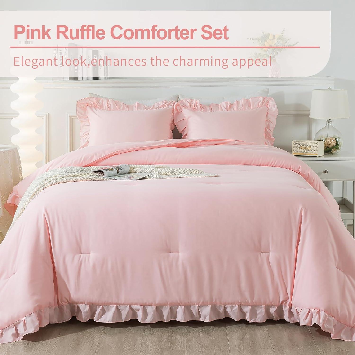 HOMERRY Pink Ruffle Pattern Duvet Cover Queen Size, 3PCS Soft Microfiber Fabric Comforter Set, 90x90 in