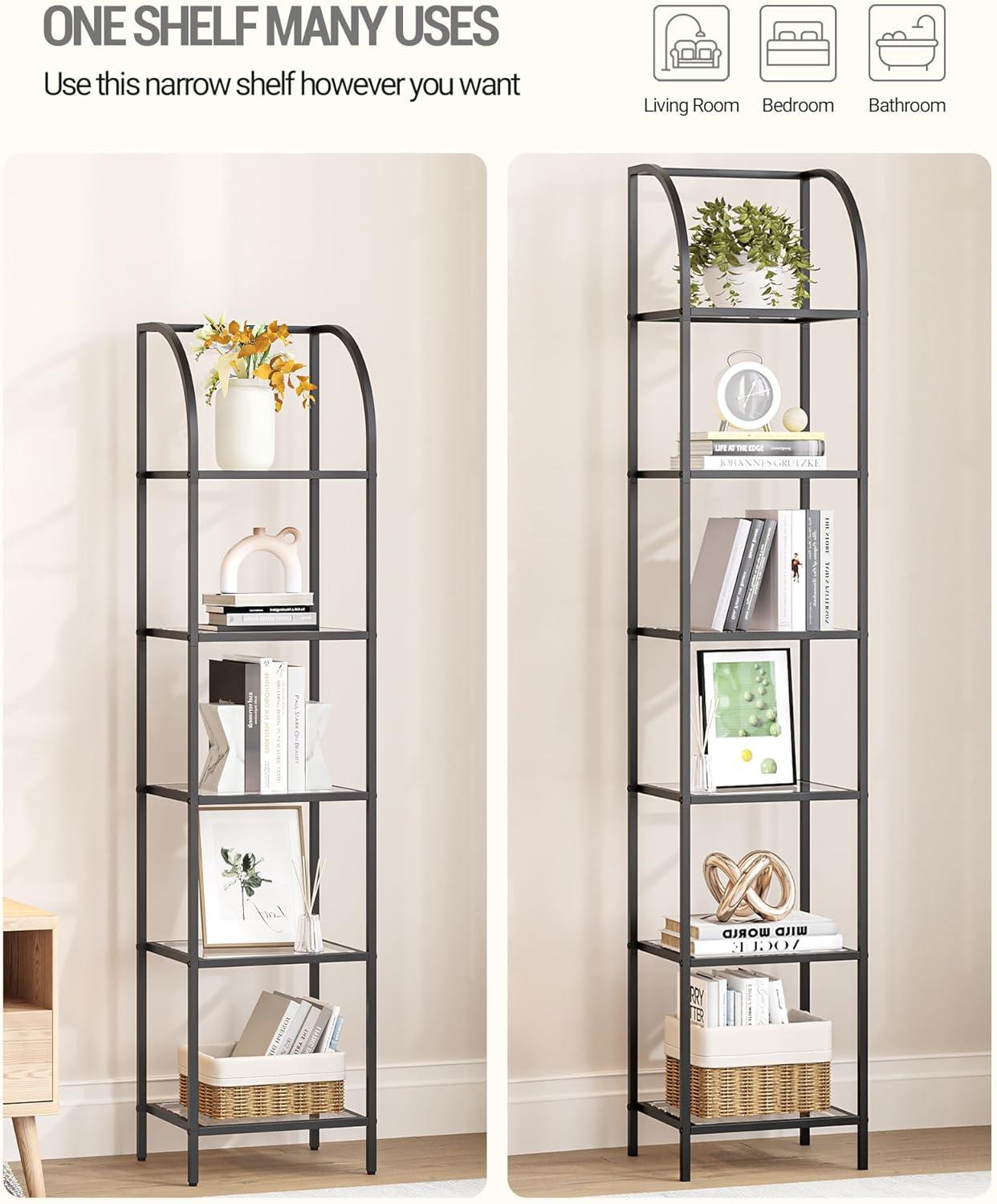 Bookcase Bookshelf, Tempered Glass Arched Bookshelf for More Storage, Slim Shelving Unit for Bedroom, Bathroom, Home Office, Steel Frame, 6 Tier Black BC20699B