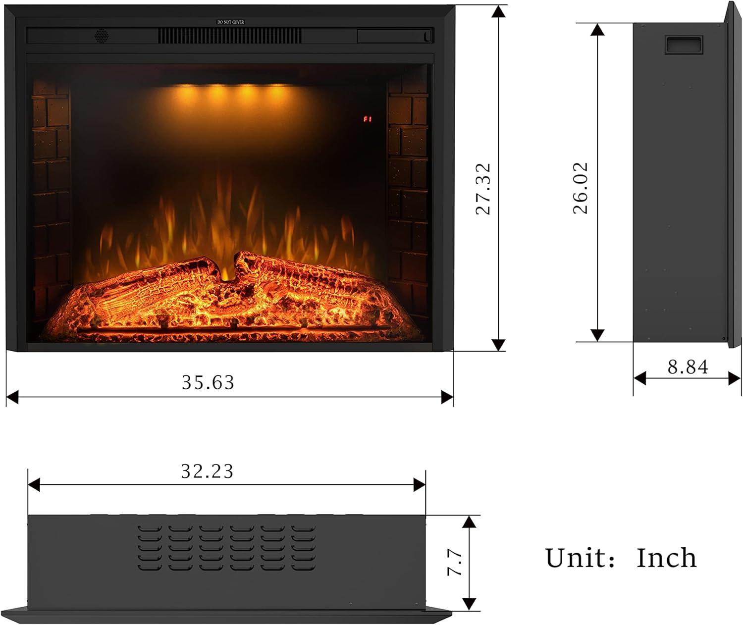 36'' Black Electric Fireplace Insert with Adjustable Flame and Top Light