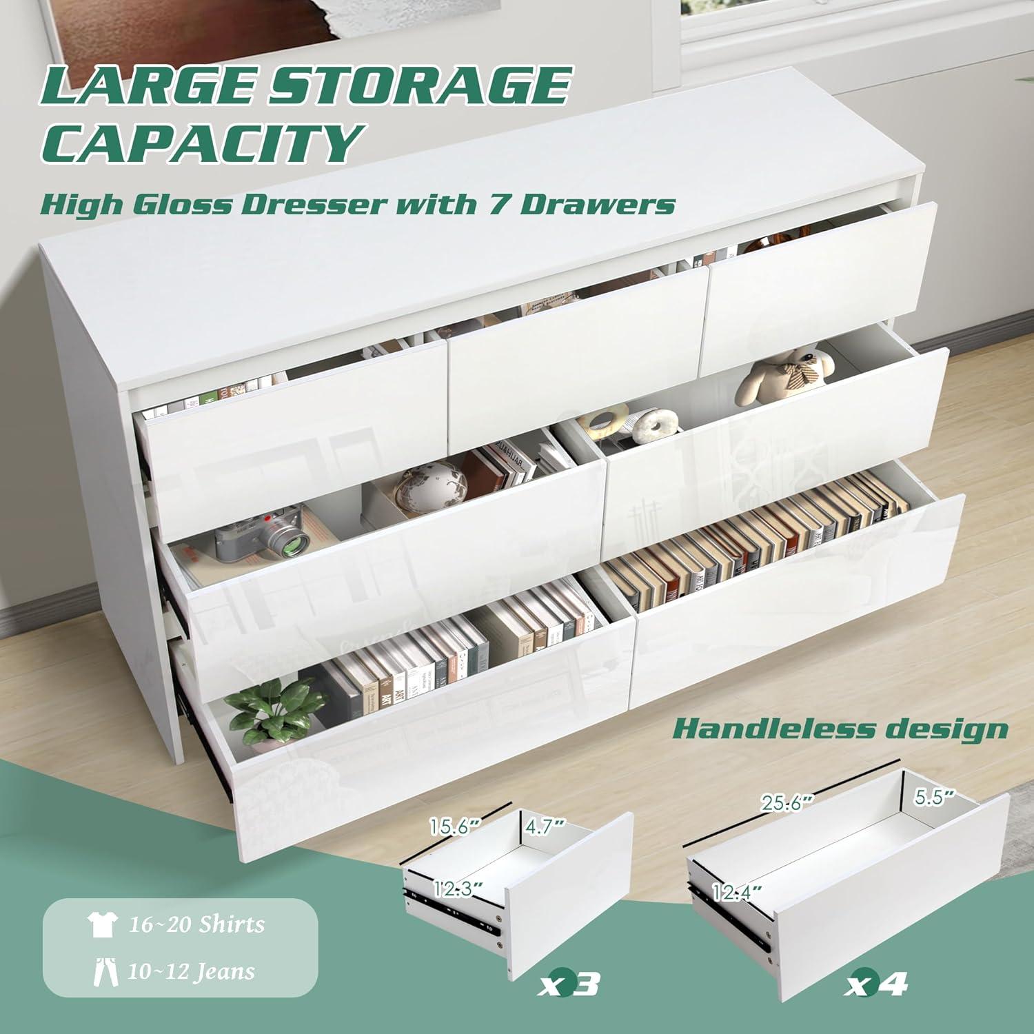 Ebern Designs White Dresser for Bedroom with 7 Drawers, Modern High Gloss Large Dresser with 7 Handle Free Drawers, 55 Inch Wooden Long Dresser, Storage Chest of Drawers