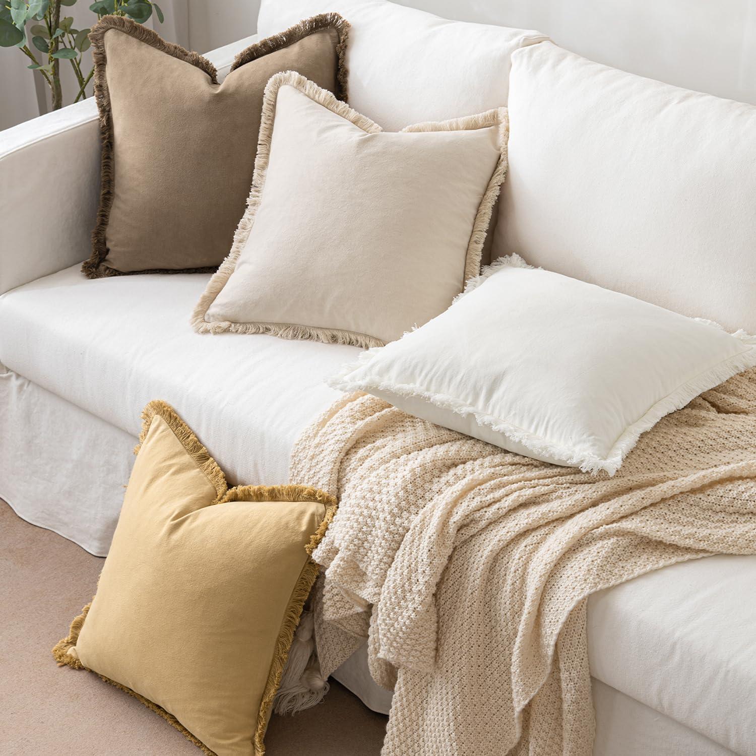 MIULEE Throw Pillow Covers Boho Farmhouse 18x18 Set of 2 Decorative Beige Couch with Fringe Chic Cotton Pillowcases Home Decor Accents for Cushion Soft Bed Living Room