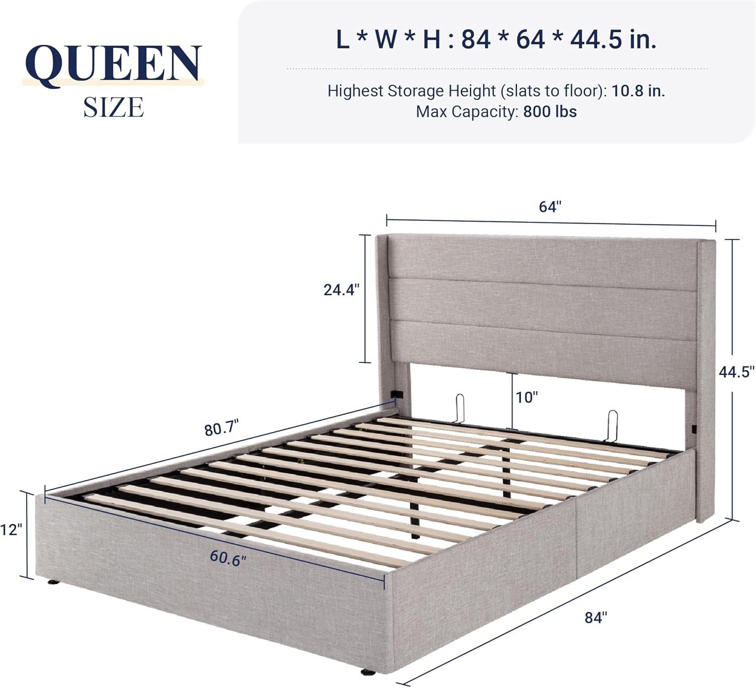 Queen Light Beige Upholstered Lift Up Storage Bed with Wingback Headboard