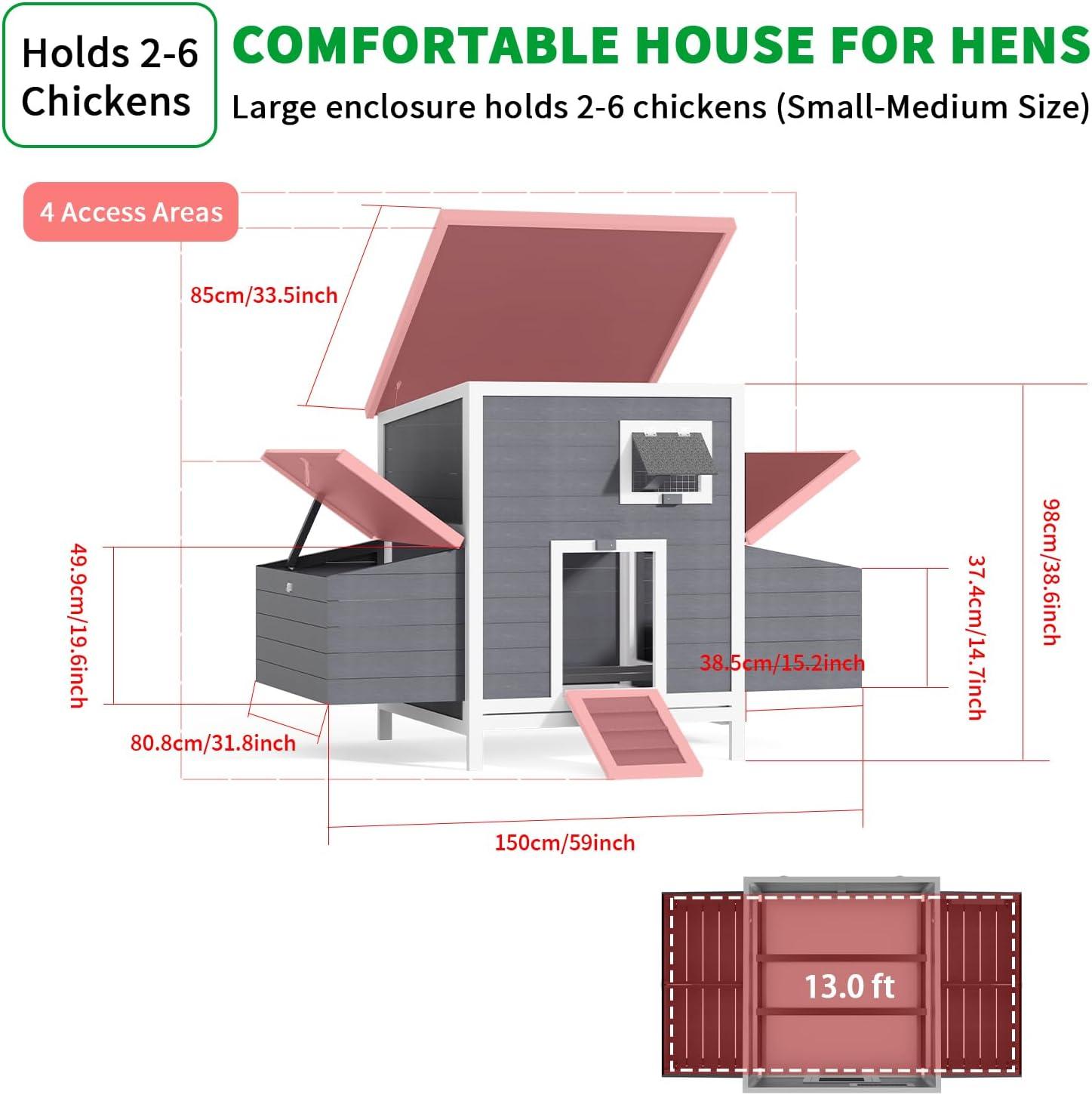 59" Large Chicken Coop for 4-6 Chickens, Wooden Hen House with Large Nesting Boxes, Outdoor Poultry Cage Rabbit Cage with Ramps & Ventilation Window, 59''L*33.5''W*38.6''H