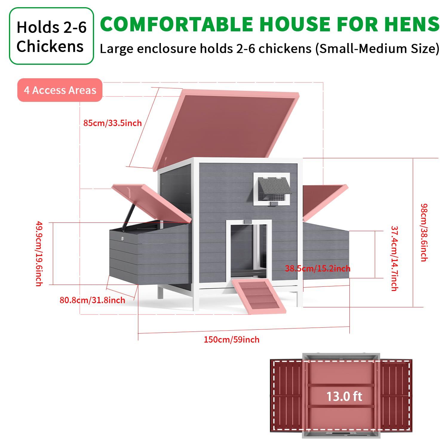 59" Large Chicken Coop for 4-6 Chickens, Wooden Hen House with Large Nesting Boxes, Outdoor Poultry Cage Rabbit Cage with Ramps & Ventilation Window, 59''L*33.5''W*38.6''H
