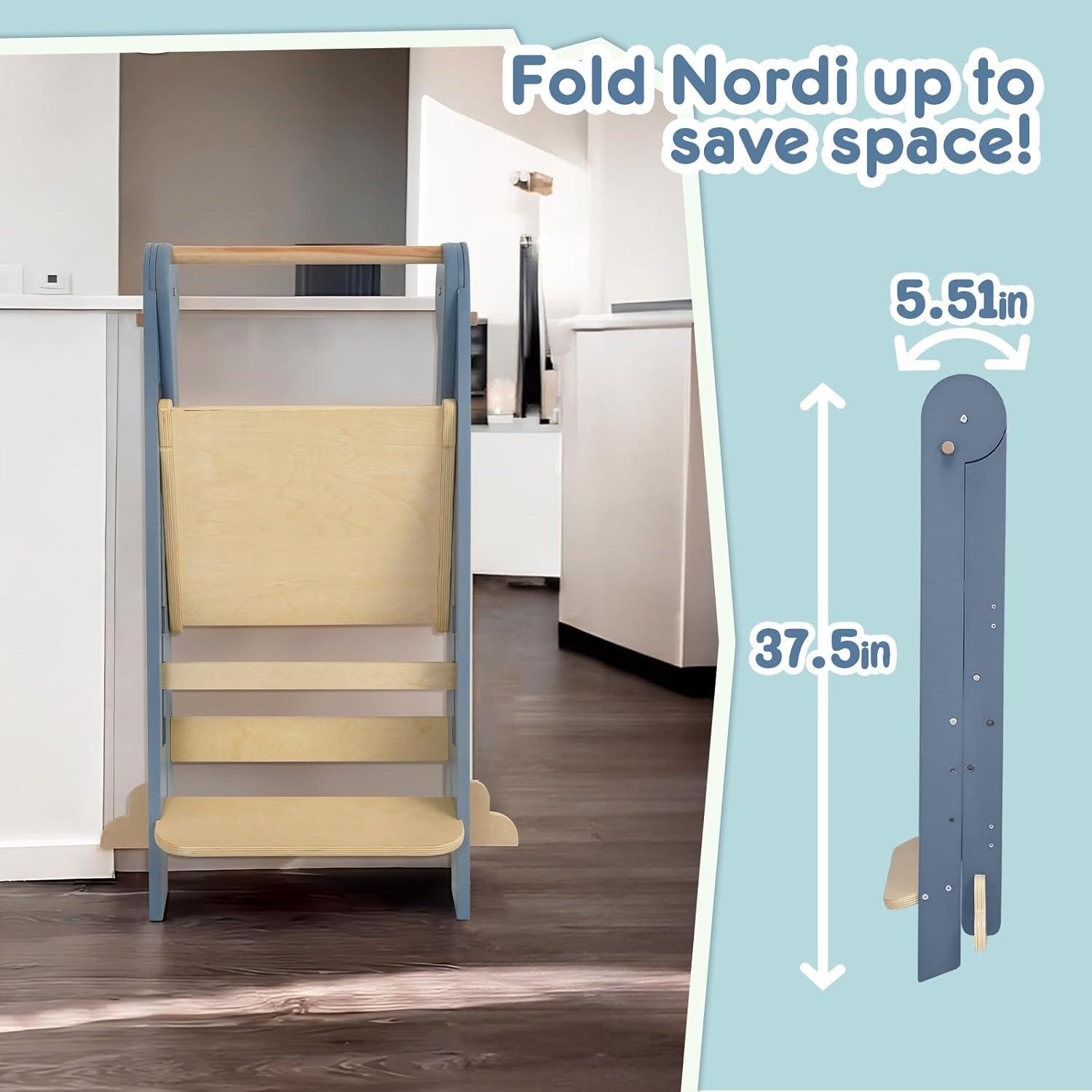 Nordi Foldable Toddler Kitchen Tower, Montessori Kitchen Stools Helper, Standing Tower with 3 Adjustable Heights, Suitable Age for 2-6 Years, White