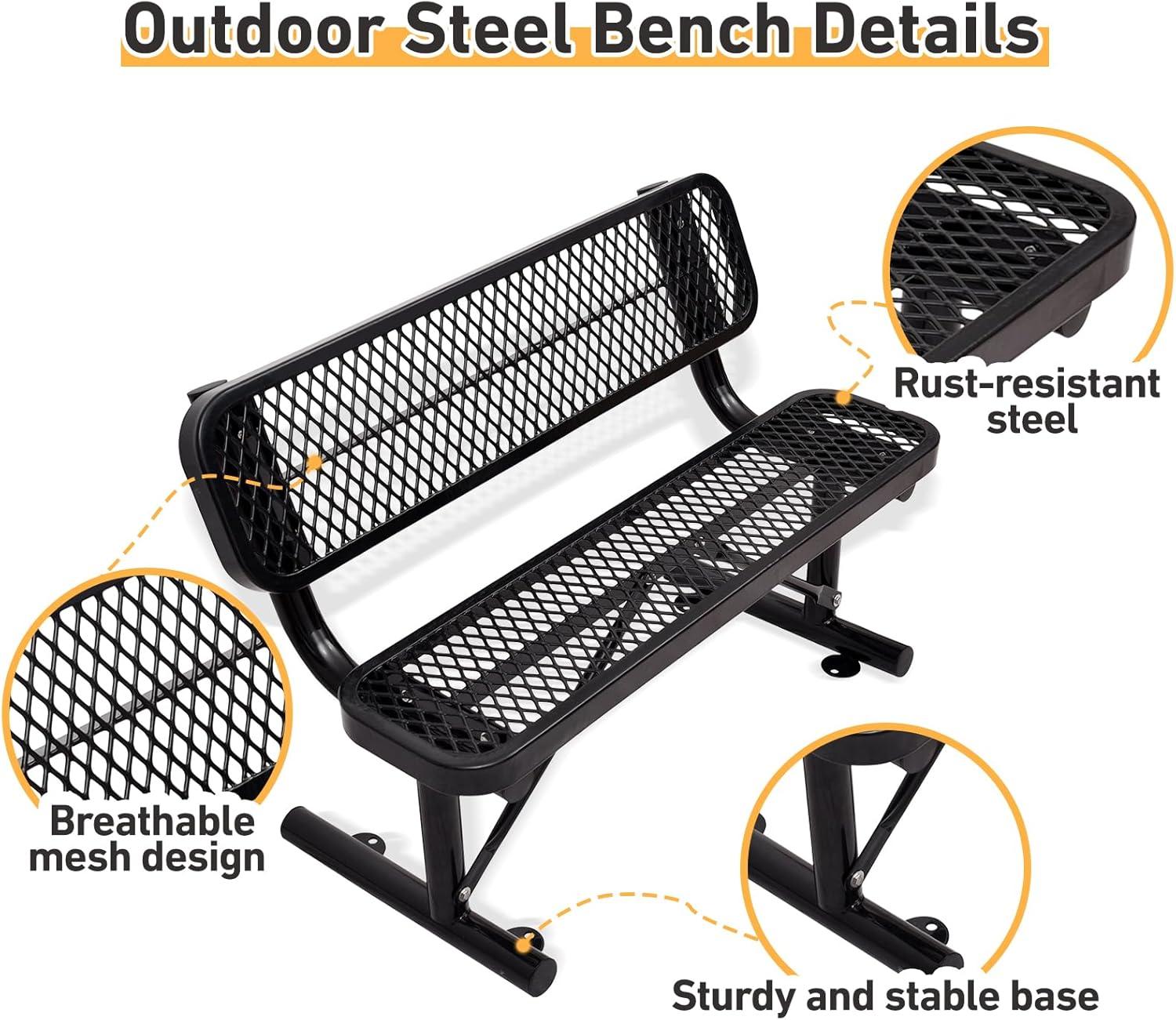 4 ft. Outdoor Steel Bench with Backrest & Expanded Metal - Black