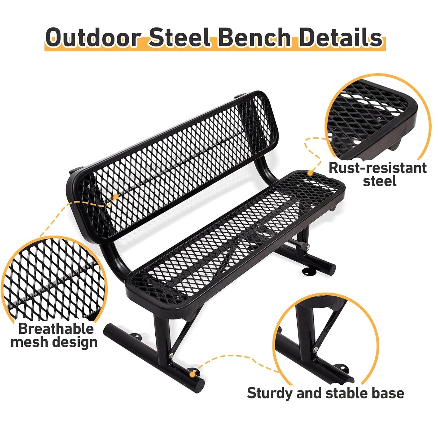 Global Industrial  4 ft. Outdoor Steel Bench with Backrest & Expanded Metal - Black