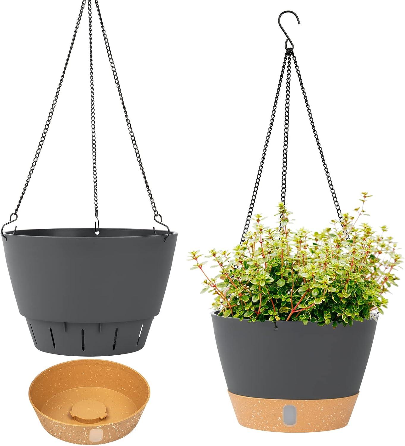 Dark Gray and Beige Plastic Hanging Planter with Reservoir Tray, 8-inch, 2-Pack