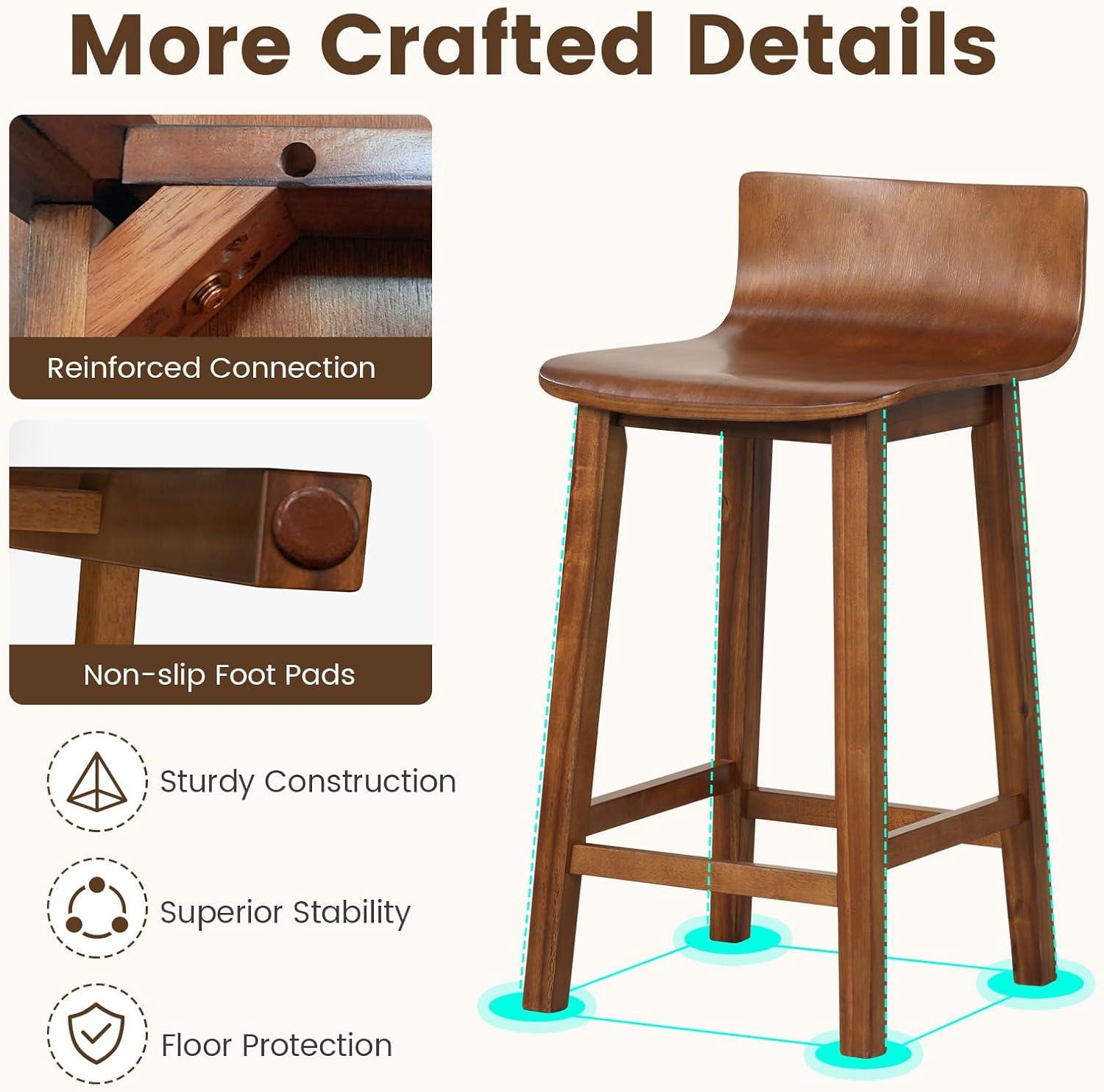 Topcobe Wood Bar Stools Set of 2 with Solid Back and Seat, Bar Stools for Kitchen Counter Pub Bistro Dining, Brown