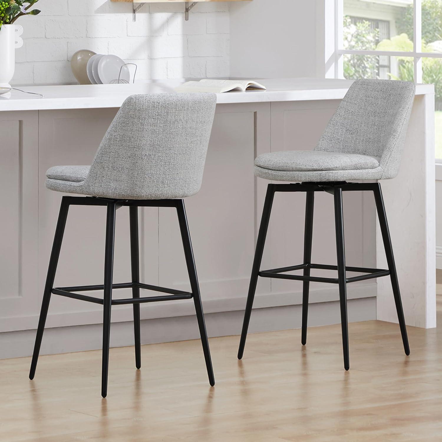 White Upholstered Fabric Swivel Bar Stools with Metal Base, Set of 2