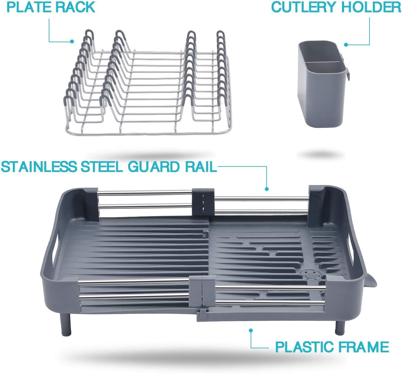 Gray Extendable Stainless Steel Dish Rack with Utensil Cup