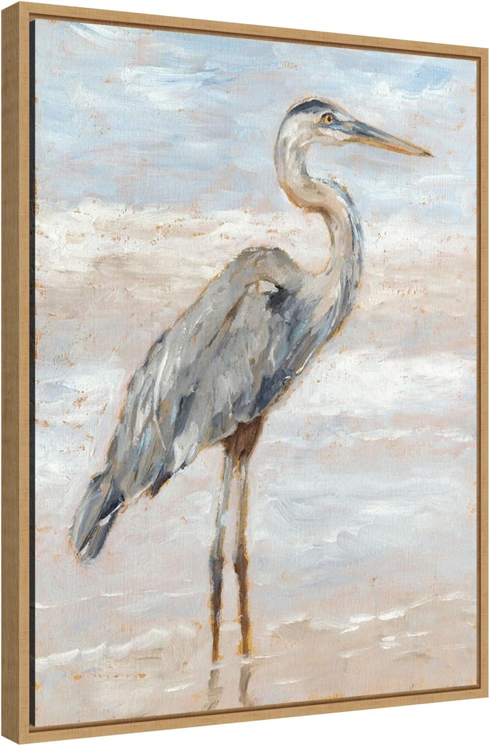 Beach Heron I Blue and Gray Canvas Print with Maple Frame