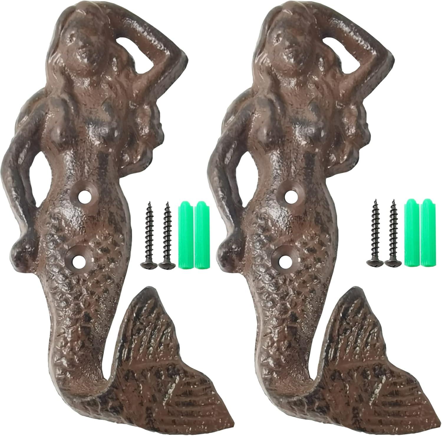2PCS Rustic Cast Iron Mermaid Hook Wall Hanger Decor Beach Nautical Towel Holder