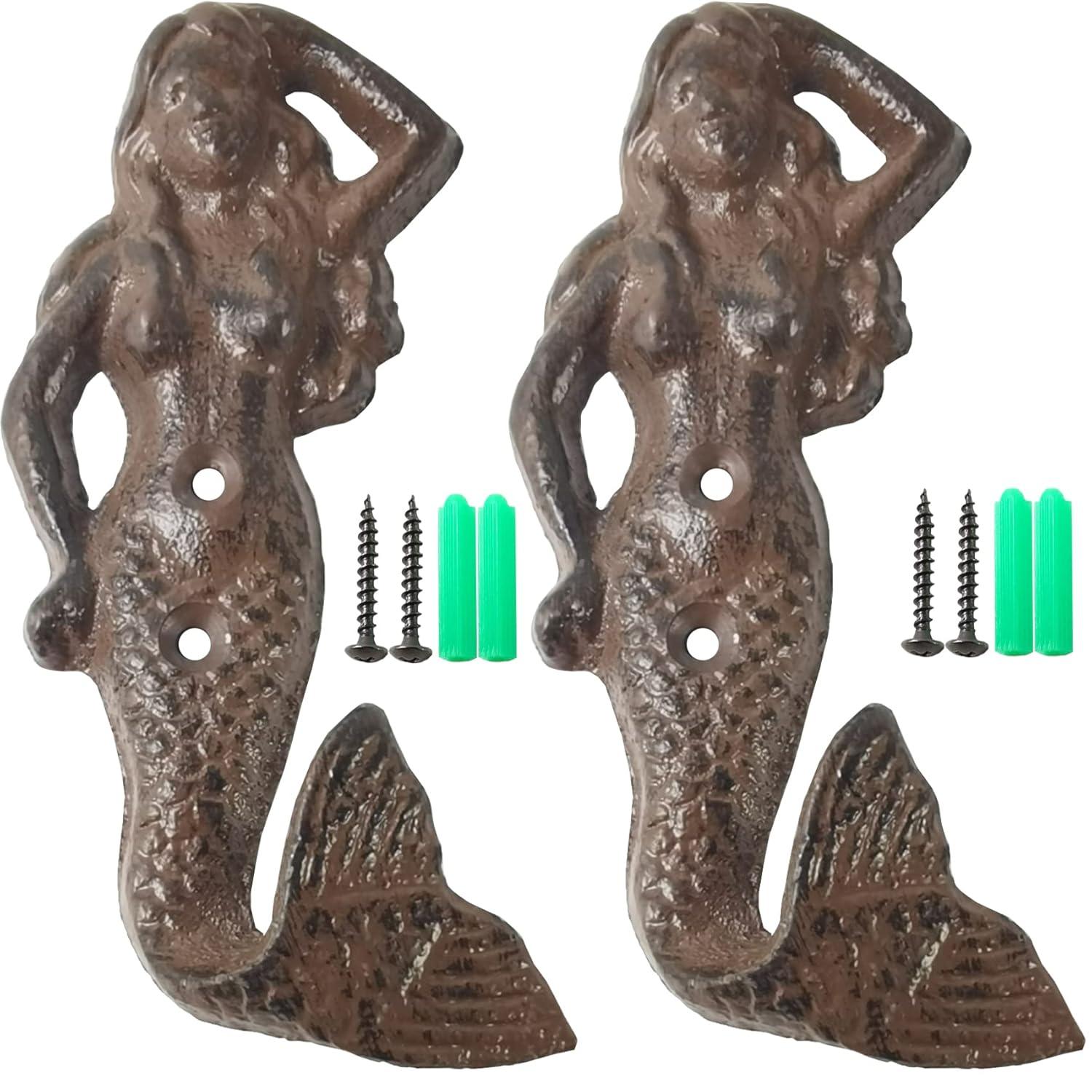 2PCS Rustic Cast Iron Mermaid Hook Wall Hanger Decor Beach Nautical Towel Holder