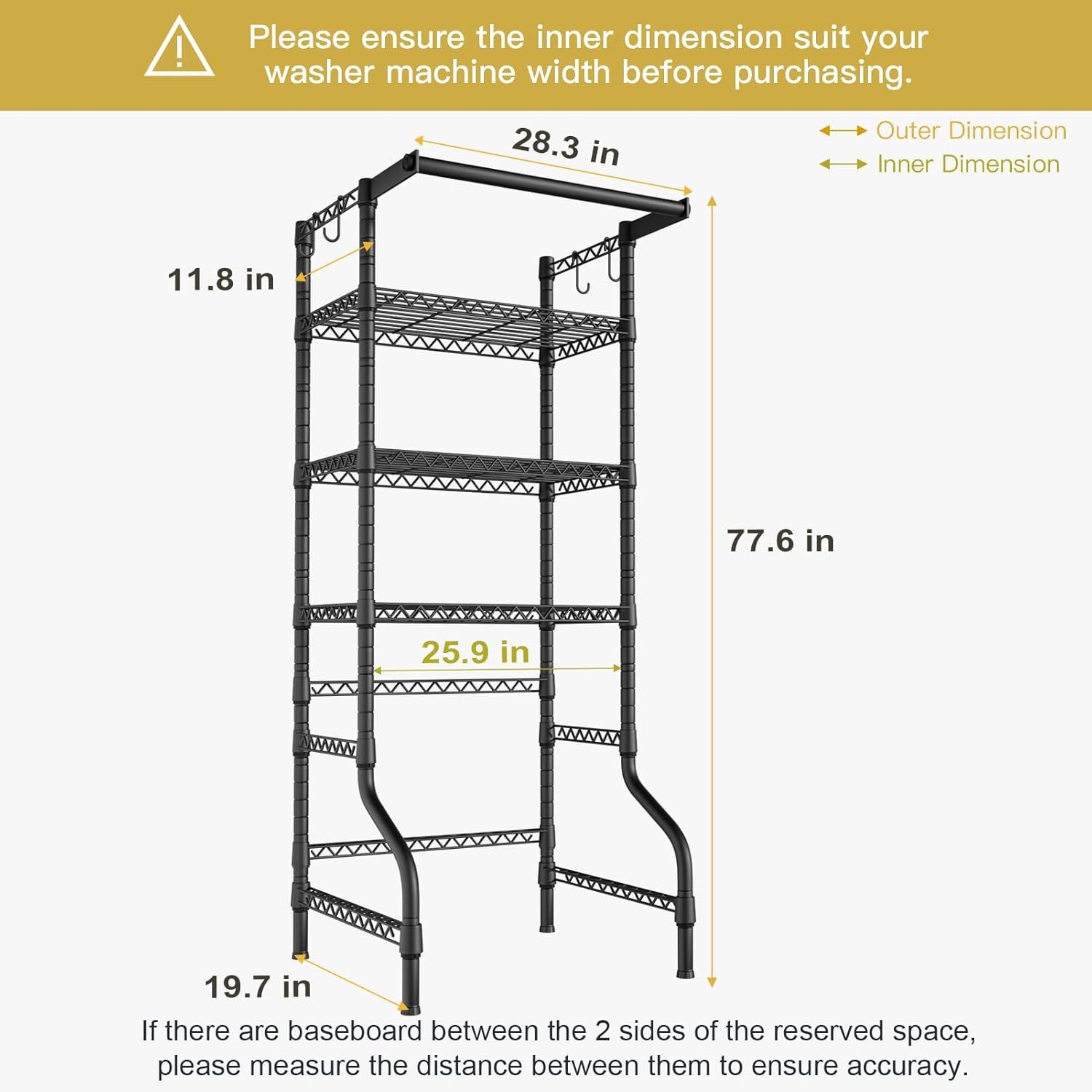 Mini Over Washer and Dryer Shelves, 3 Tiers Laundry Room Storage and Organizer Standing Shelf, Metal Freestanding Clothes Drying Rack, 28.3”W x 19.7”D x 77.6”H, Black