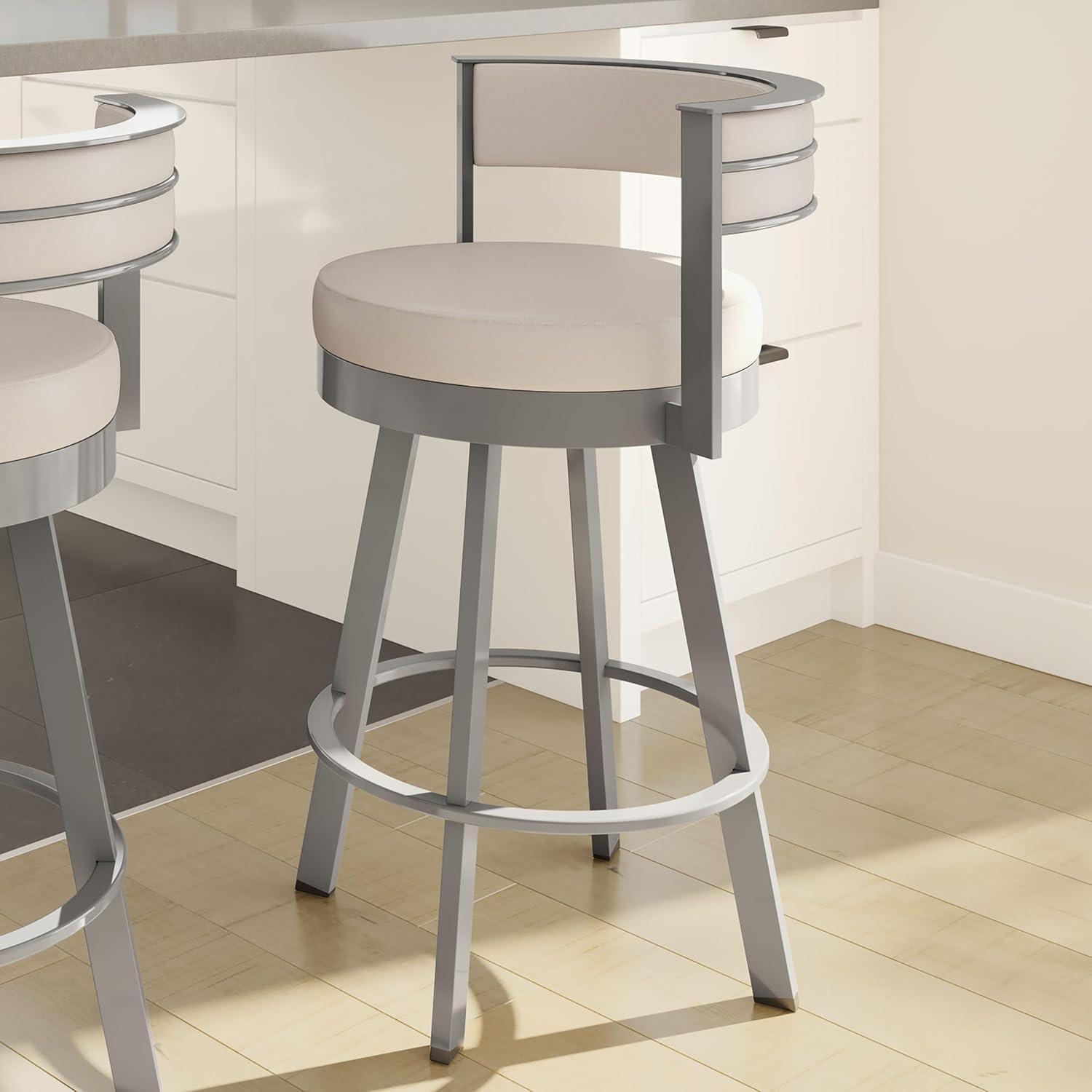 Amisco Browser 30 In. Swivel Bar Stool - Cream Faux Leather / Metallic Grey Metal