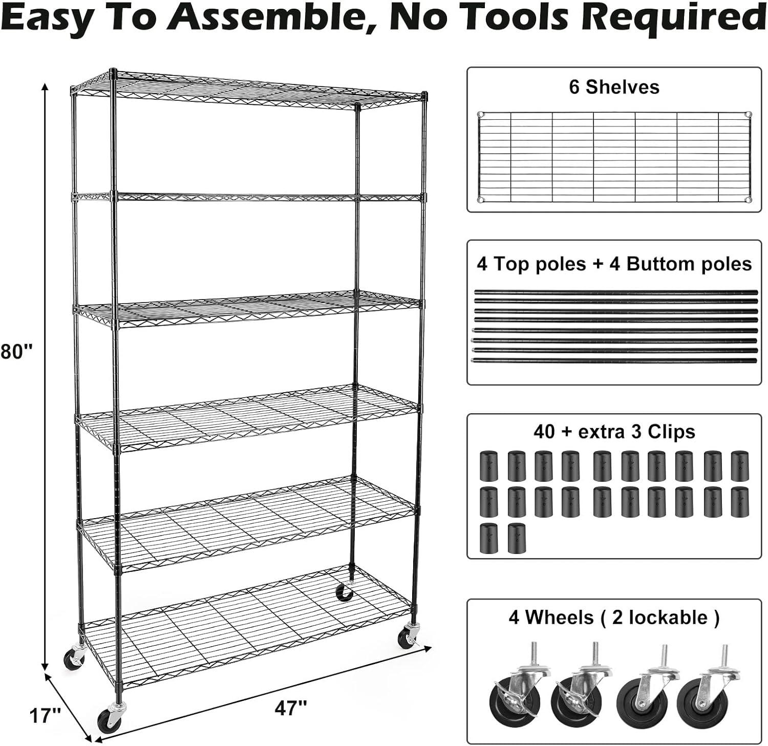 NSF Certified Storage Shelves on Wheels, Heavy Duty Metal Shelves for Storage with Adjustable Stand, 6-Tier Wire Shelving Unit for Garage Pantry Kitchen Shelf Rack (17"x47"x80" 6-Tier)