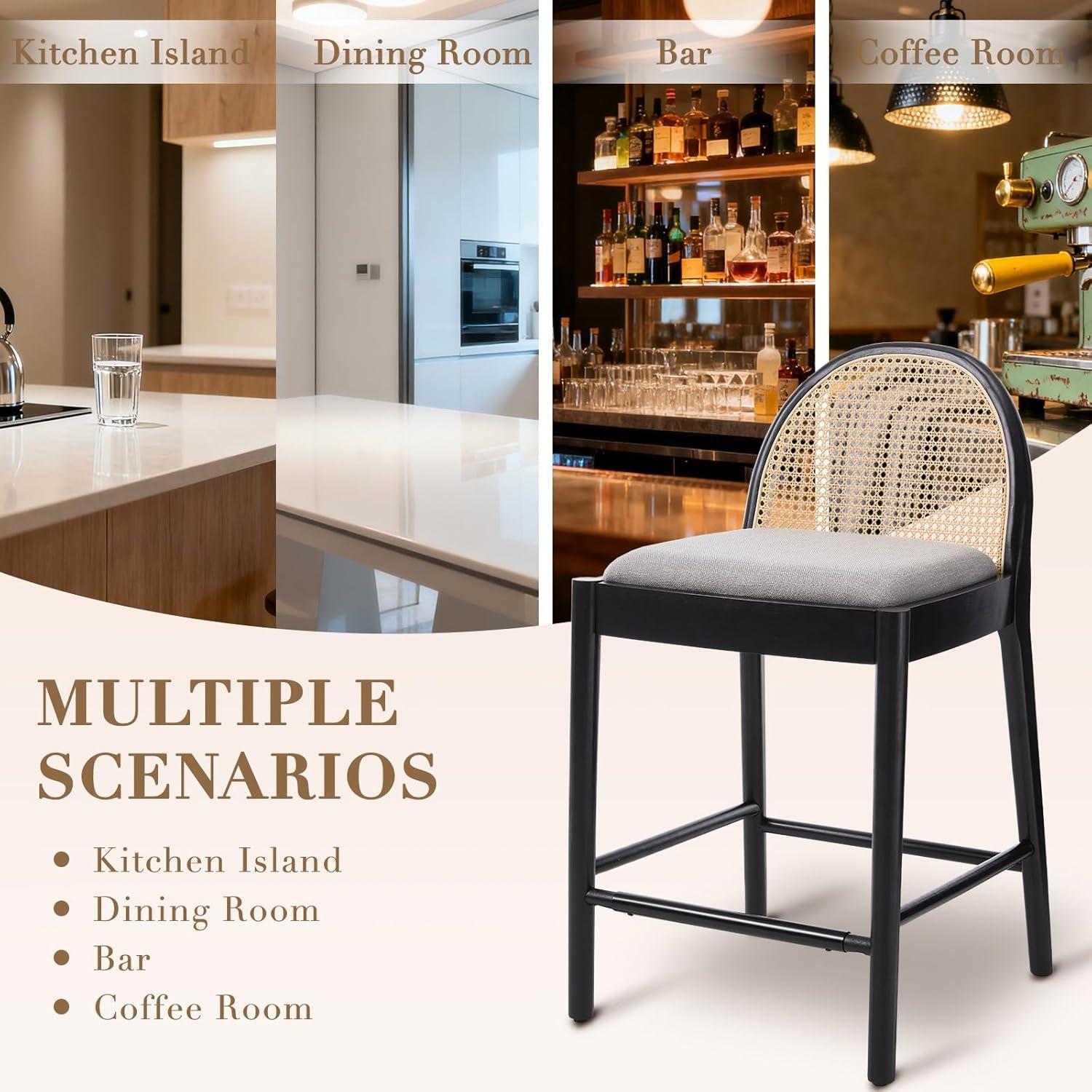 Bayou Breeze Emington Modern Stools with Rattan Backrests and Wood Frame (Set of 2)