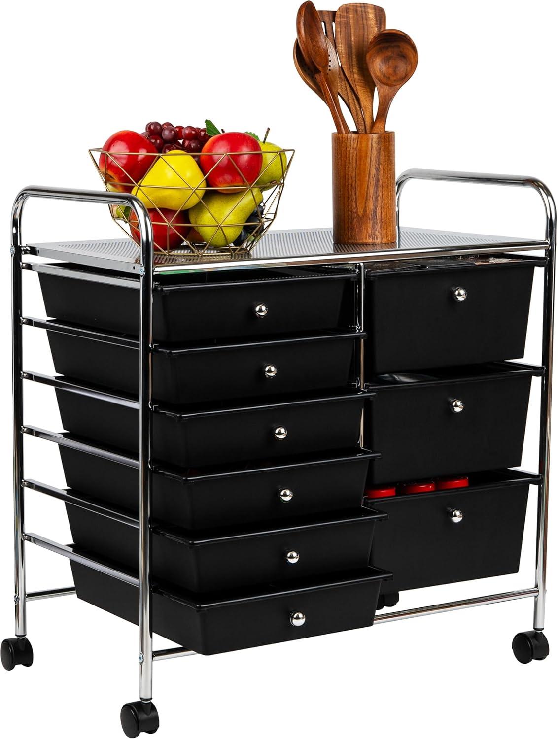 Mind Reader Rolling Cart with Drawers, Utility Cart, Craft Storage, Kitchen, Metal, Black, Silver