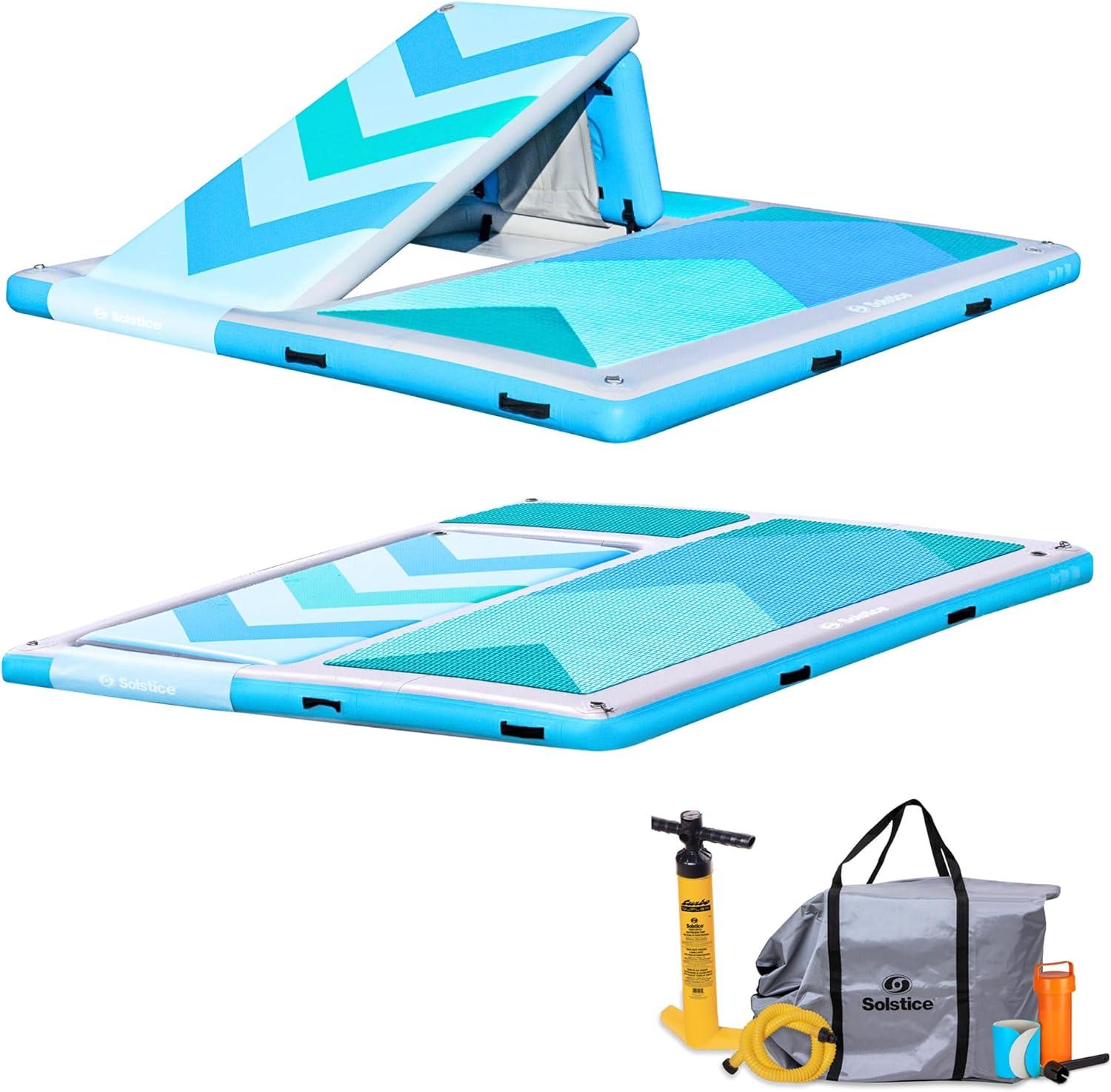 Solstice 10 Foot x 8 Foot Inflatable Convertible Floating Slide Dock Water Lounger Platform with Pump and Storage Bag for Lakes, Pools, and Rivers