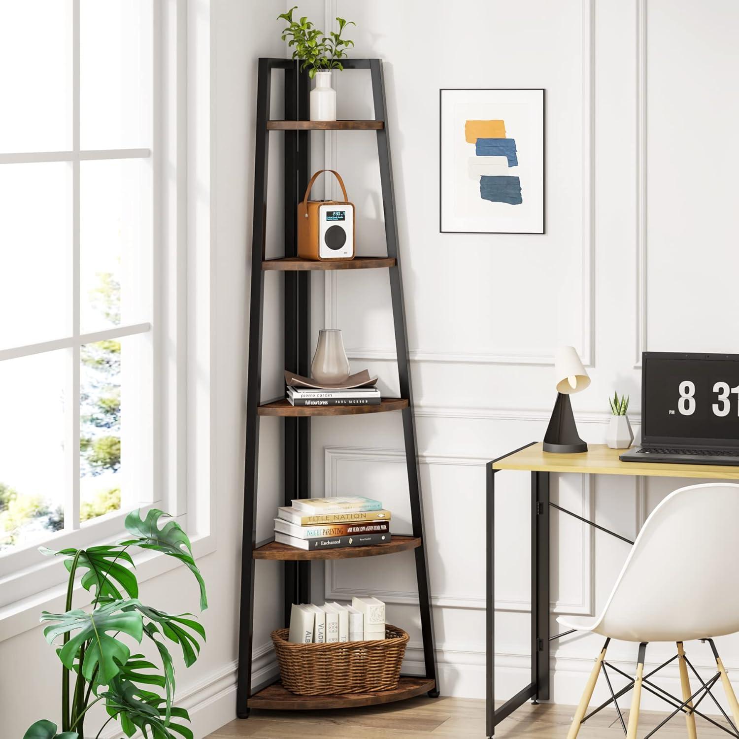 Tribesigns 70 inch Tall Corner Shelf, 5 Tier Industrial Corner Bookshelf Bookcase Industrial Corner Ladder Shelf Plant Stand for Living Room, Kitchen, Home Office