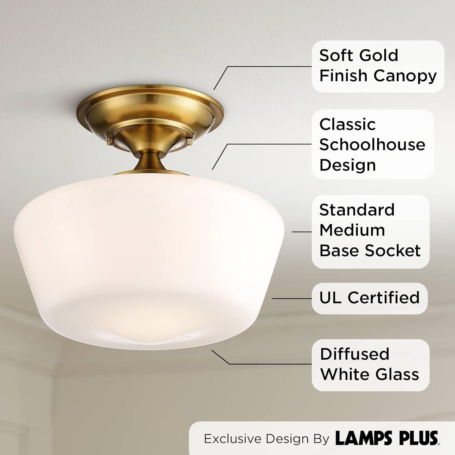 Regency Hill Rustic Farmhouse Ceiling Light Semi Flush Mount Fixture 12" Wide Soft Gold Opal White Glass for Bedroom Kitchen Living Room Hallway House