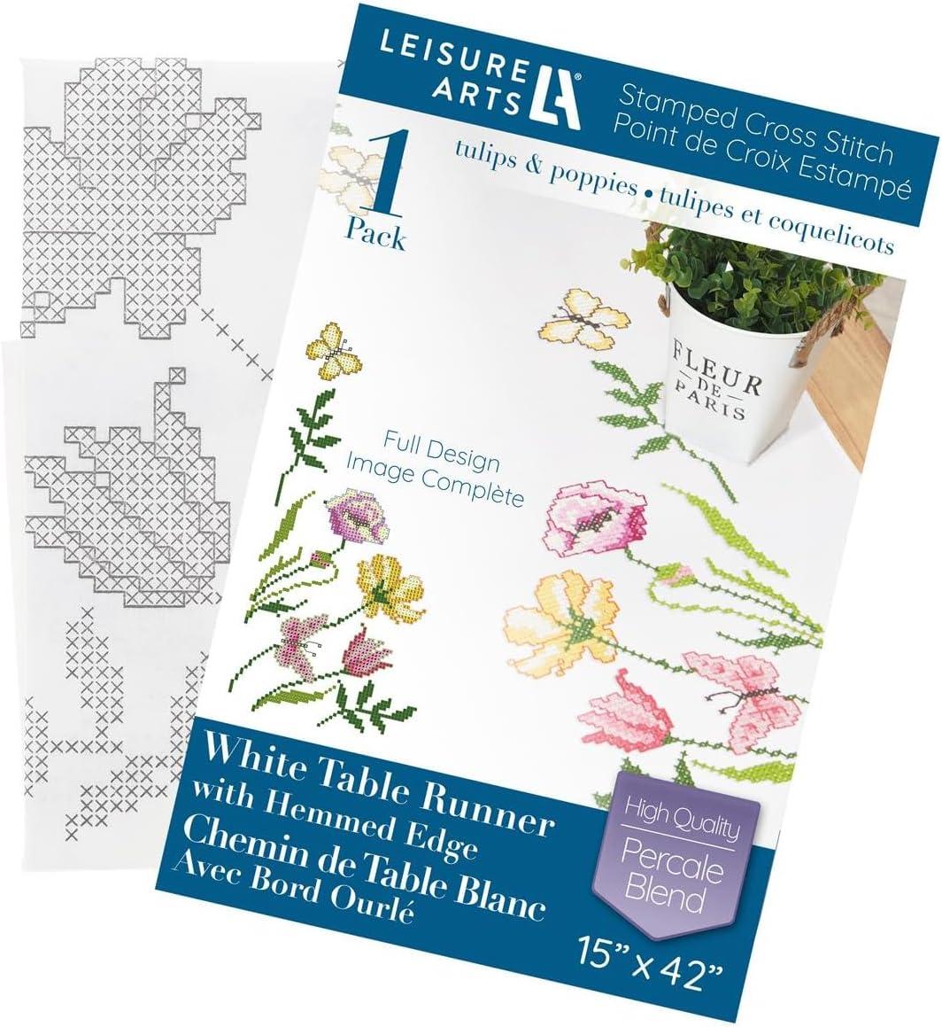 Leisure Arts Table Runner 15"X42" Tulips & Poppies, Kitchen Table Runner, Embroidery Kit, Kitchen Runner, Cross Stitch Kits For Beginners, Embroidery Patterns, Fabric