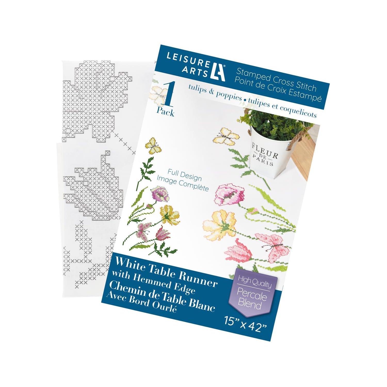 Leisure Arts Table Runner 15"X42" Tulips & Poppies, Kitchen Table Runner, Embroidery Kit, Kitchen Runner, Cross Stitch Kits For Beginners, Embroidery Patterns, Fabric