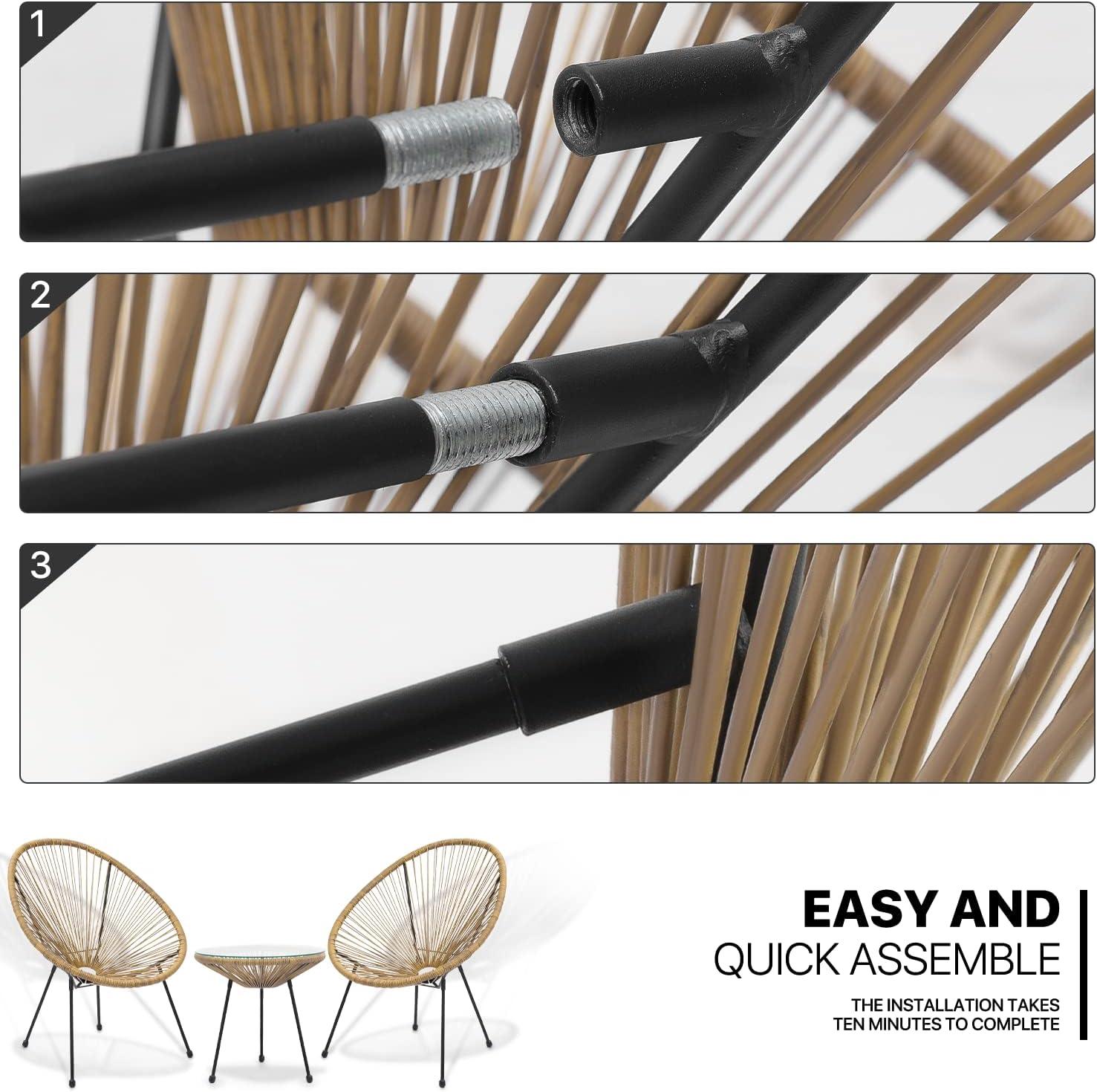 MoNiBloom 3 Pieces Outdoor Patio Furniture Rattan Wicker Table and Chairs Set, Conversation Bistro Set with Tempered Glass Tabletop for Porch Balcony Backyard Pool, Natural