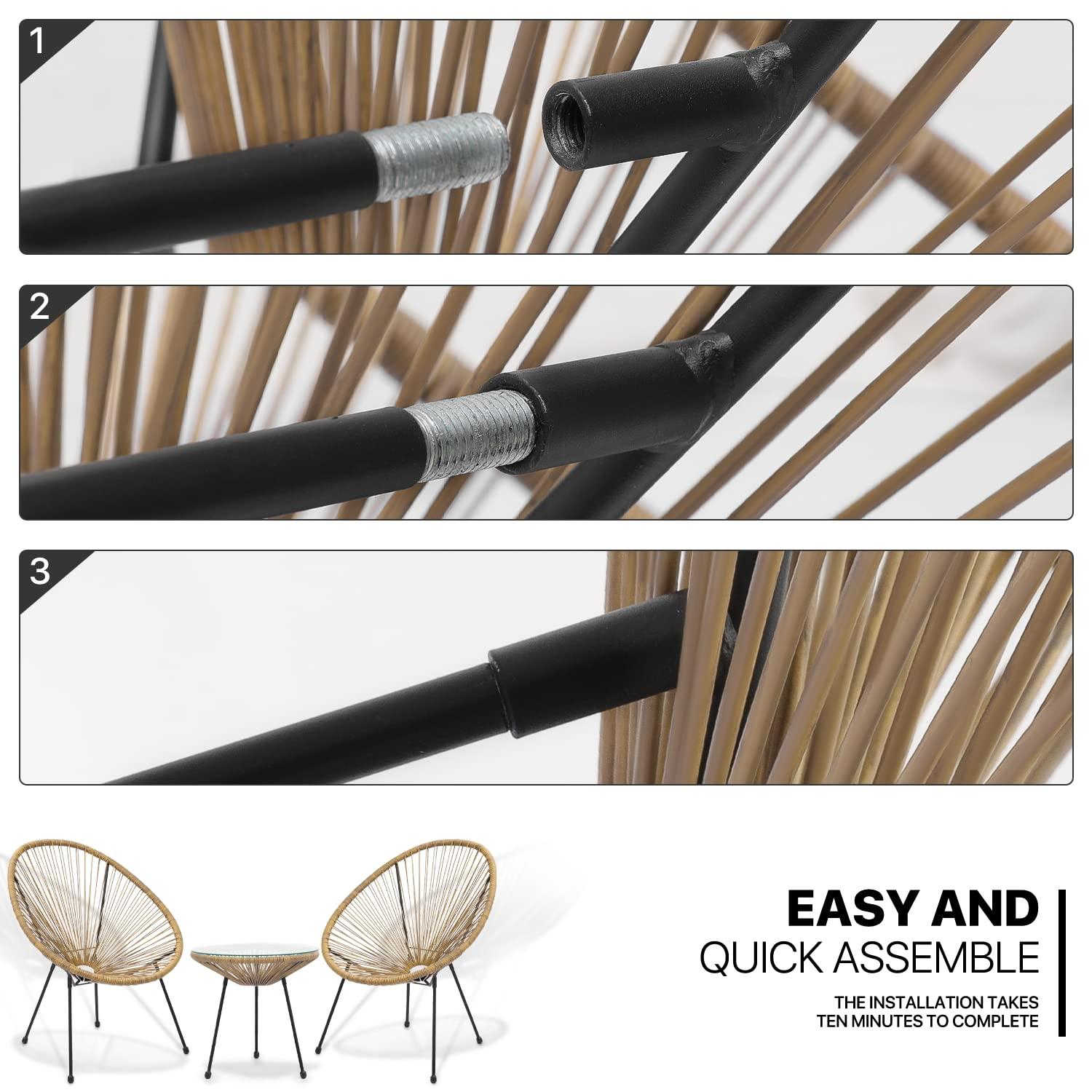 MoNiBloom 3 Pieces Outdoor Patio Furniture Rattan Wicker Table and Chairs Set, Conversation Bistro Set with Tempered Glass Tabletop for Porch Balcony Backyard Pool, Natural