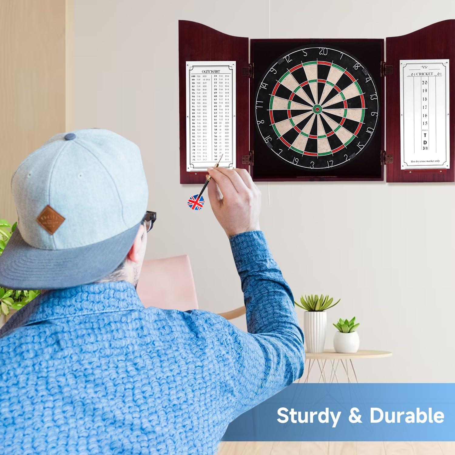 GSE Games & Sports Expert Deluxe Solid Wood Classic Dartboard Cabinet Set with Sisal Fiber Dartboard, Dart Scoreboard and 6 Steel Tip Darts for Target Game Indoor Game (Dark Cherry)