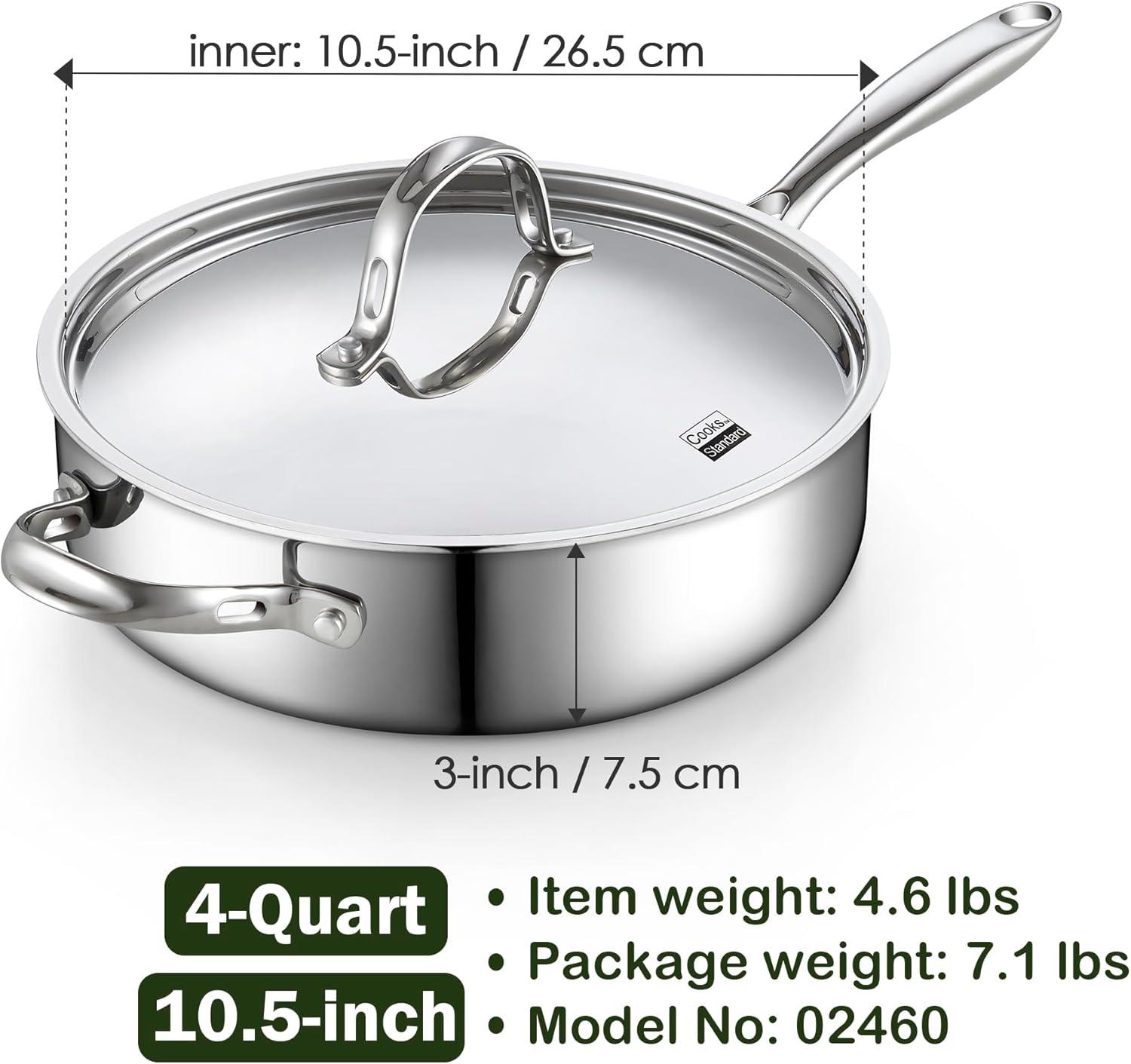 Cooks Standard Multi-Ply Clad Stainless Steel Saute Pan 10.5-inch, 4-Quart Deep Frying Pan Skillet with Lid, Oven Safe Cooking Pan Induction Cookware, Stay-Cool Handle