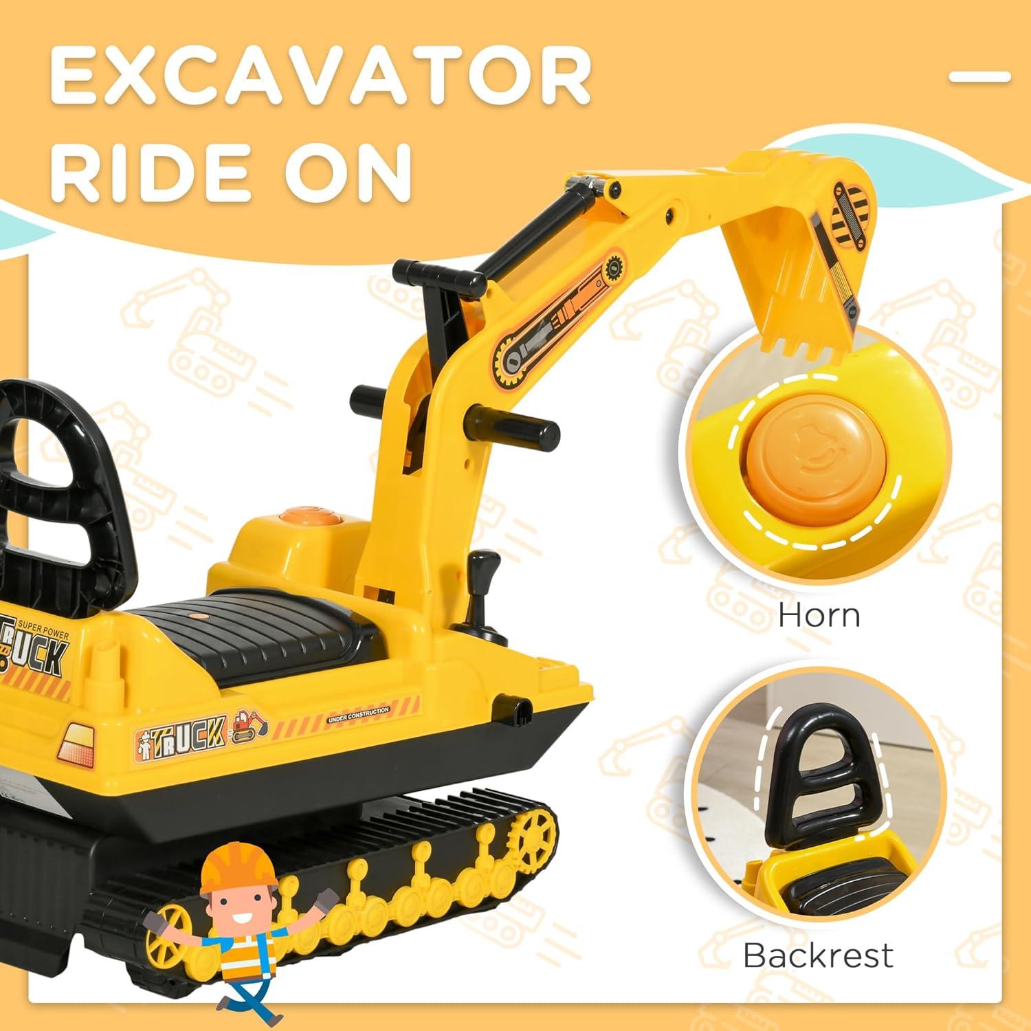 Yellow and Black Ride-On Excavator Toy for Toddlers