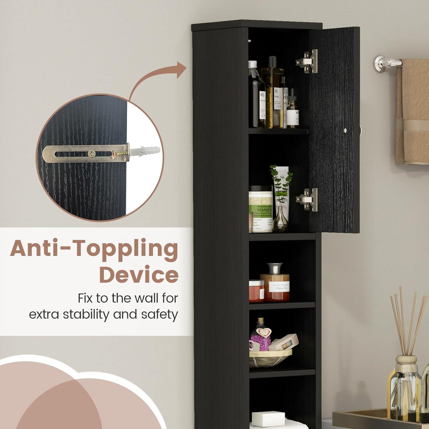 Tangkula Tall Slim Bathroom Storage Cabinet 71" Freestanding w/ 2 Doors 1 Drawer & 5 Adjustable Shelves Narrow Tower Cabinet for Small Spaces Black