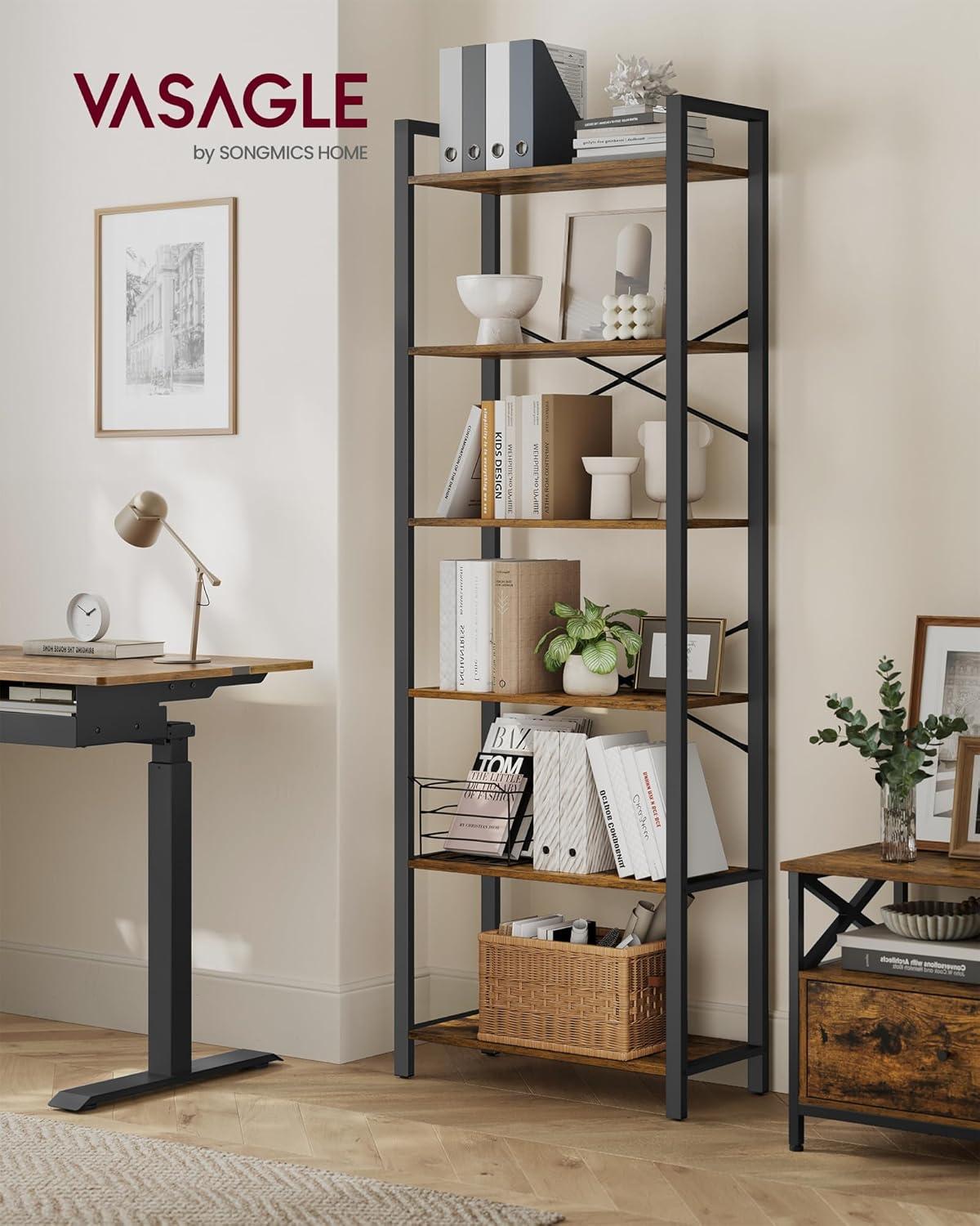 6-Tier Tall Bookshelf Large Bookcase with Steel Frame Deep Book Shelf for Living Room Home Office Study Rustic Brown and Black