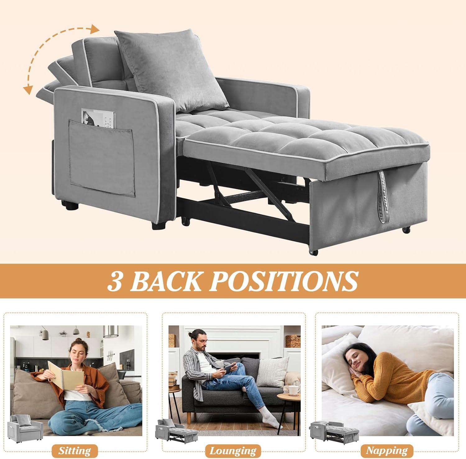 Muumblus Sleeper Sofa Chair Bed, 3-in-1 Convertible Sofa Chair, Modern Adult Velvet Chaise Lounge for Living Room, Gray