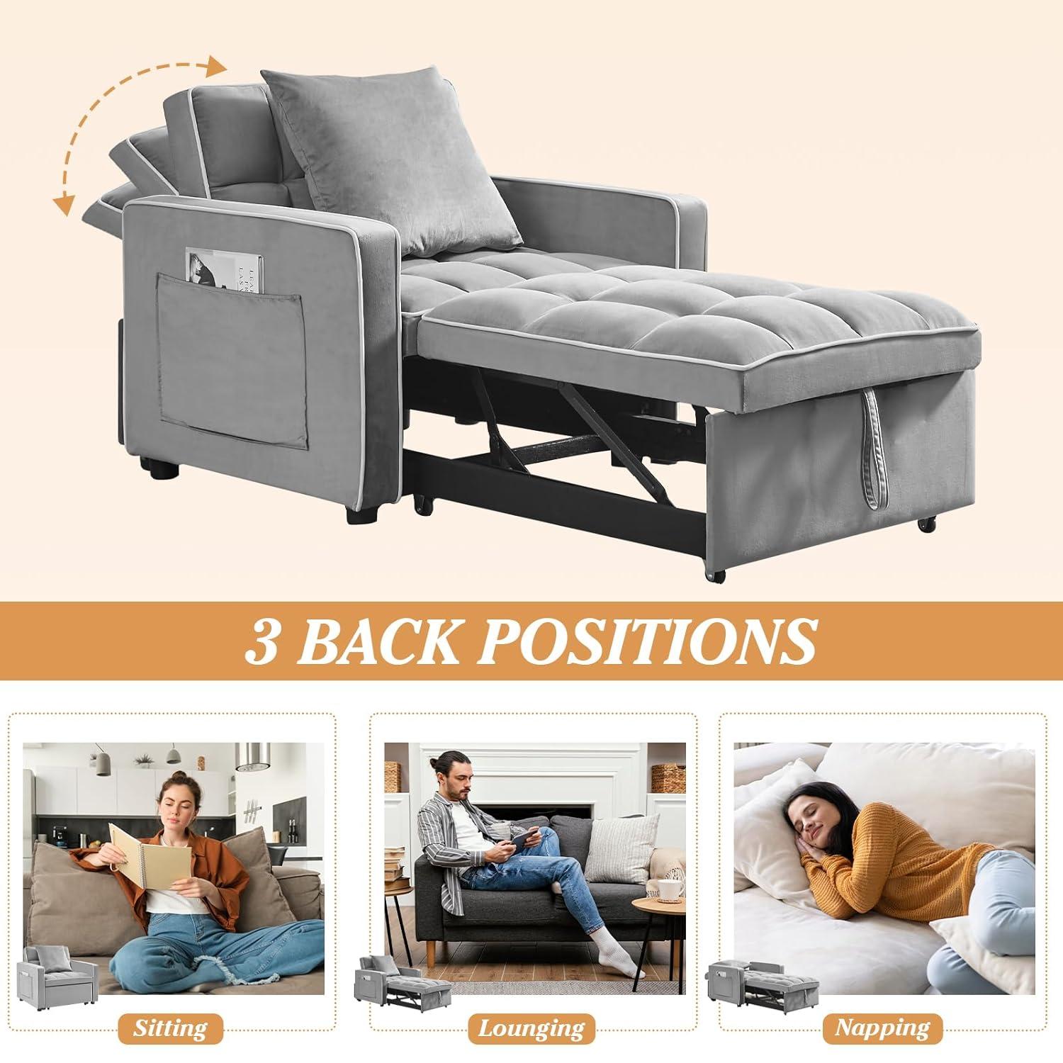 Muumblus Sleeper Sofa Chair Bed, 3-in-1 Convertible Sofa Chair, Modern Adult Velvet Chaise Lounge for Living Room, Gray