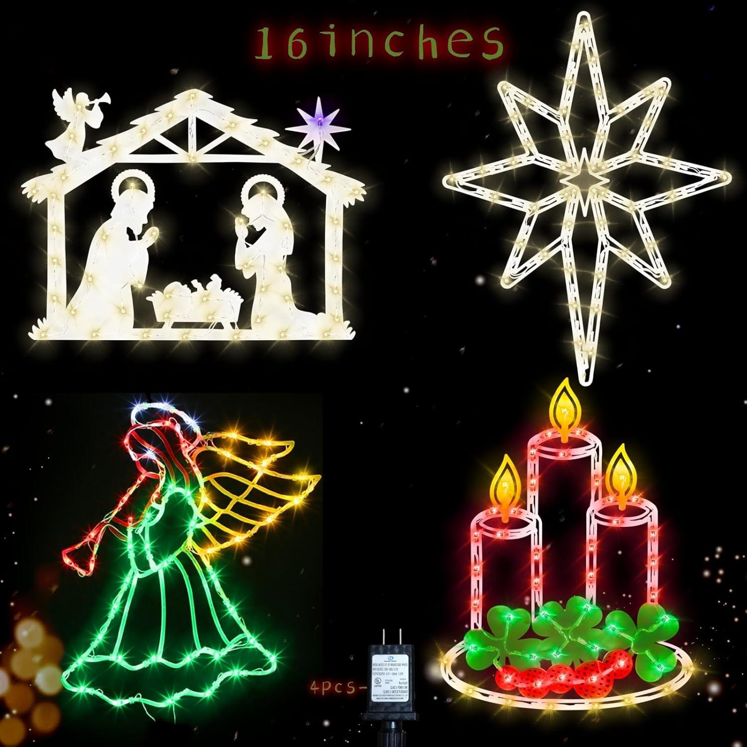 16 Inch Christmas Window Silhouette Lights Decorations, 4 Pack Waterproof Window Hanging Lights Elk, Christmas Tree, Santa Claus, Wreaths for Party, Home Indoor Outdoor Wall - 200 Mini Bulbs