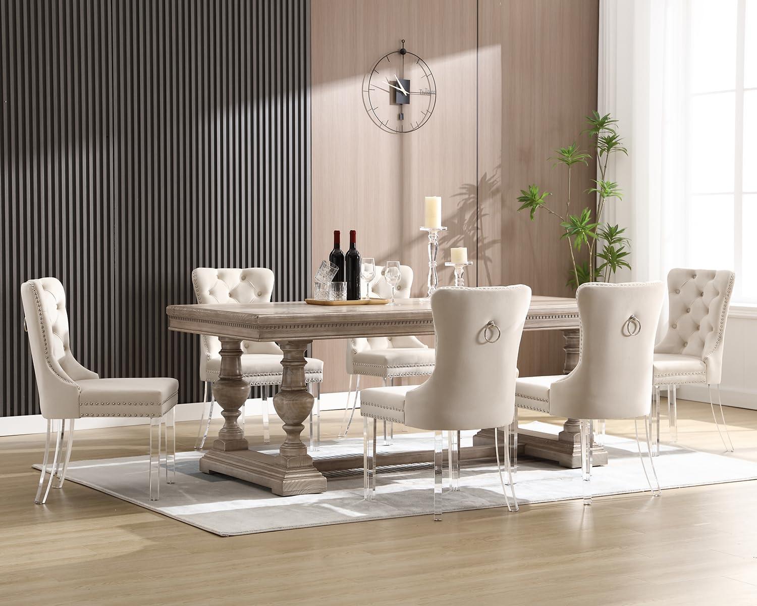 SoarFlash Velvet Dining Chairs Set of 4, Tall Back Side Chair, Modern Upholstered High-end Tufted Side Chair with Button Back Ring, Solid Wood Legs (Beige)