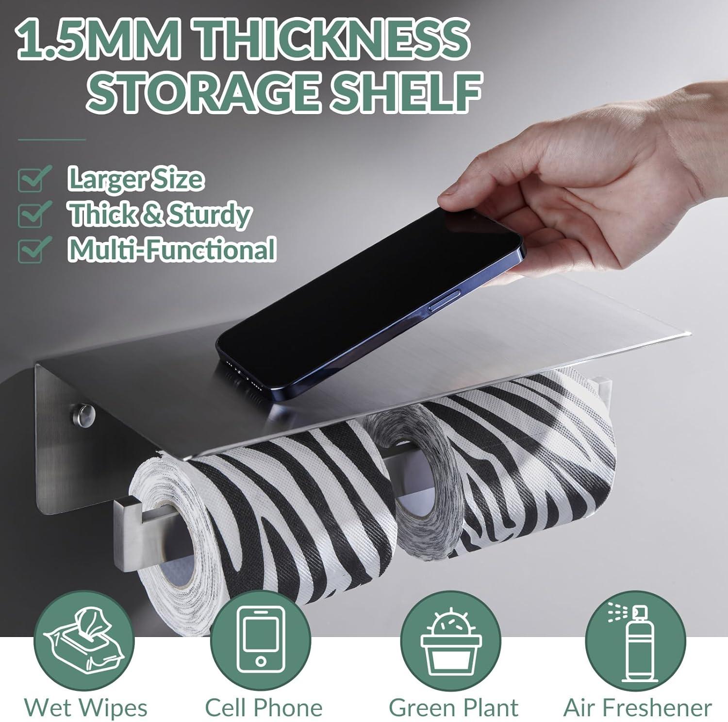 Double Toilet Paper Holder with Shelf Brushed Nickel, Modern Bathroom Accessories SUS 304 Stainless Steel Commercial Tissue Roll Dispenser Mobile Phone Storage Rack Handy Use