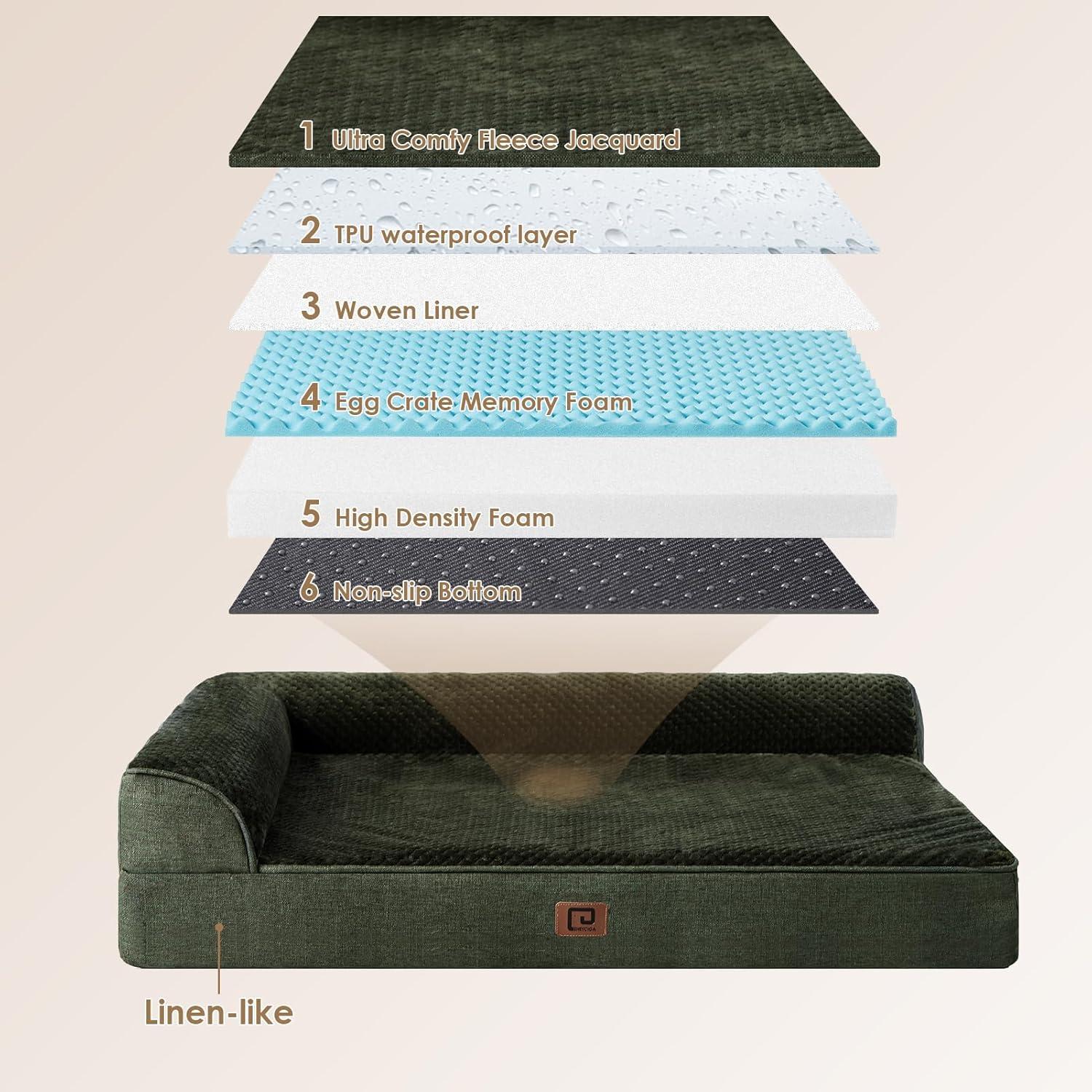 Orthopedic Dog Beds For Extra Large Dogs, Waterproof Memory Foam XL Dog Bed With Sides, Non-Slip Bottom And Egg-Crate Foam Big Dog Couch Bed With Washable Removable Cover, Dark Green