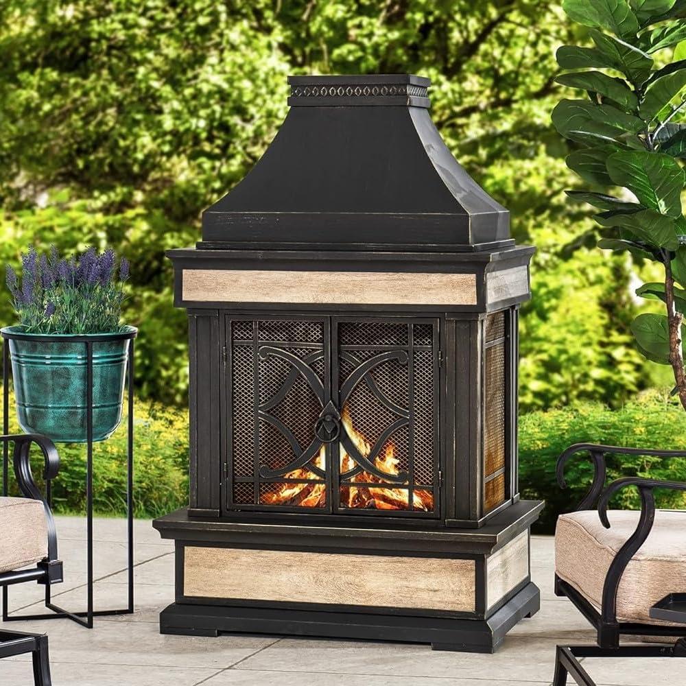 SUNJOY Outdoor 57 inch Steel Wood Burning Fireplace with Fire Poker and Rain Cover