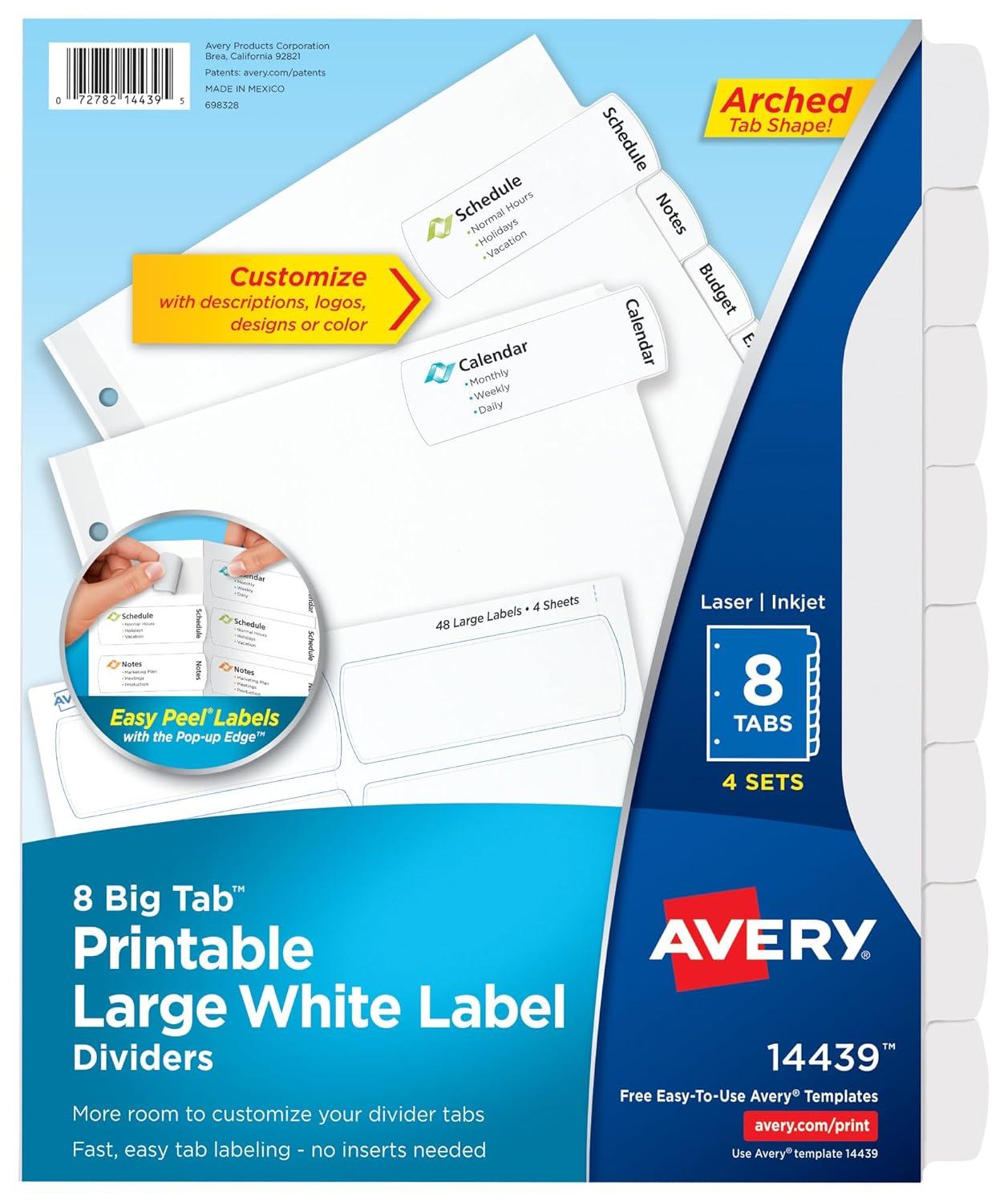 Avery Easy Peel Lrg Tab Dividers 8-Tab 4/PK White 14439