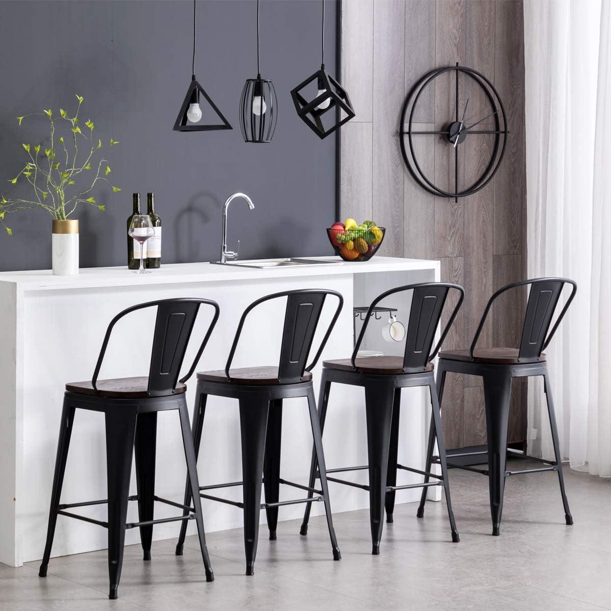 Andeworld Swivel Metal Bar Stools Set of 4 Counter Height Stools Counter Bar Stools with Back Swivel Metal Bar Chairs Wooded Seat 30 Inch Matte Black