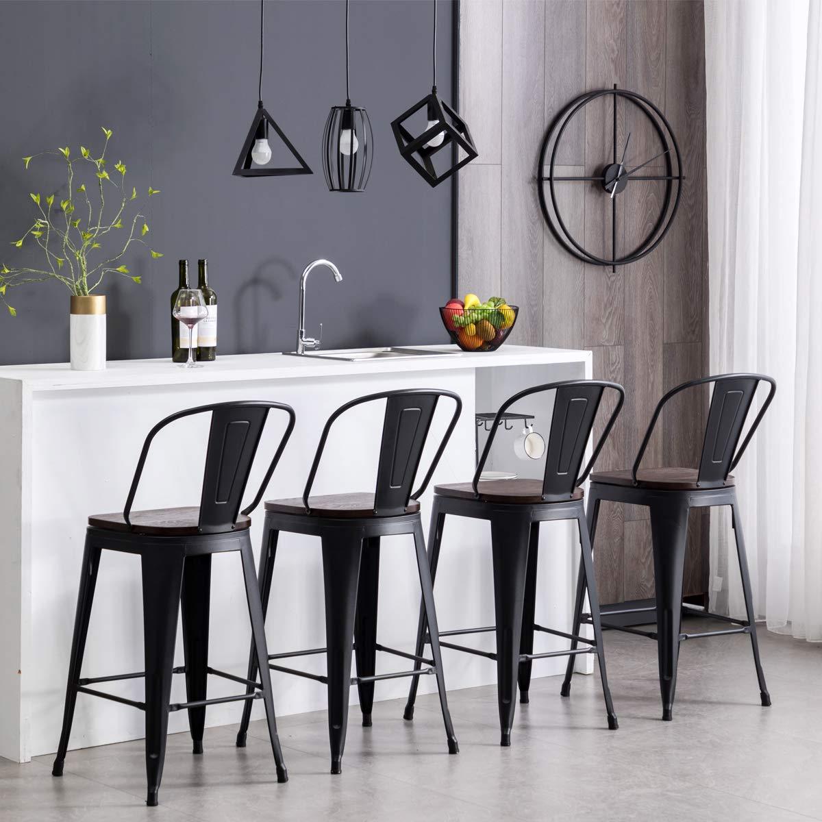 Andeworld Swivel Metal Bar Stools Set of 4 Counter Height Stools Counter Bar Stools with Back Swivel Metal Bar Chairs Wooded Seat 30 Inch Matte Black