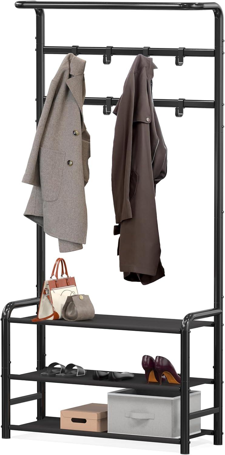 Simple Houseware Coat Rack with Storage Shelf and Shoe Rack for Entryway, Black