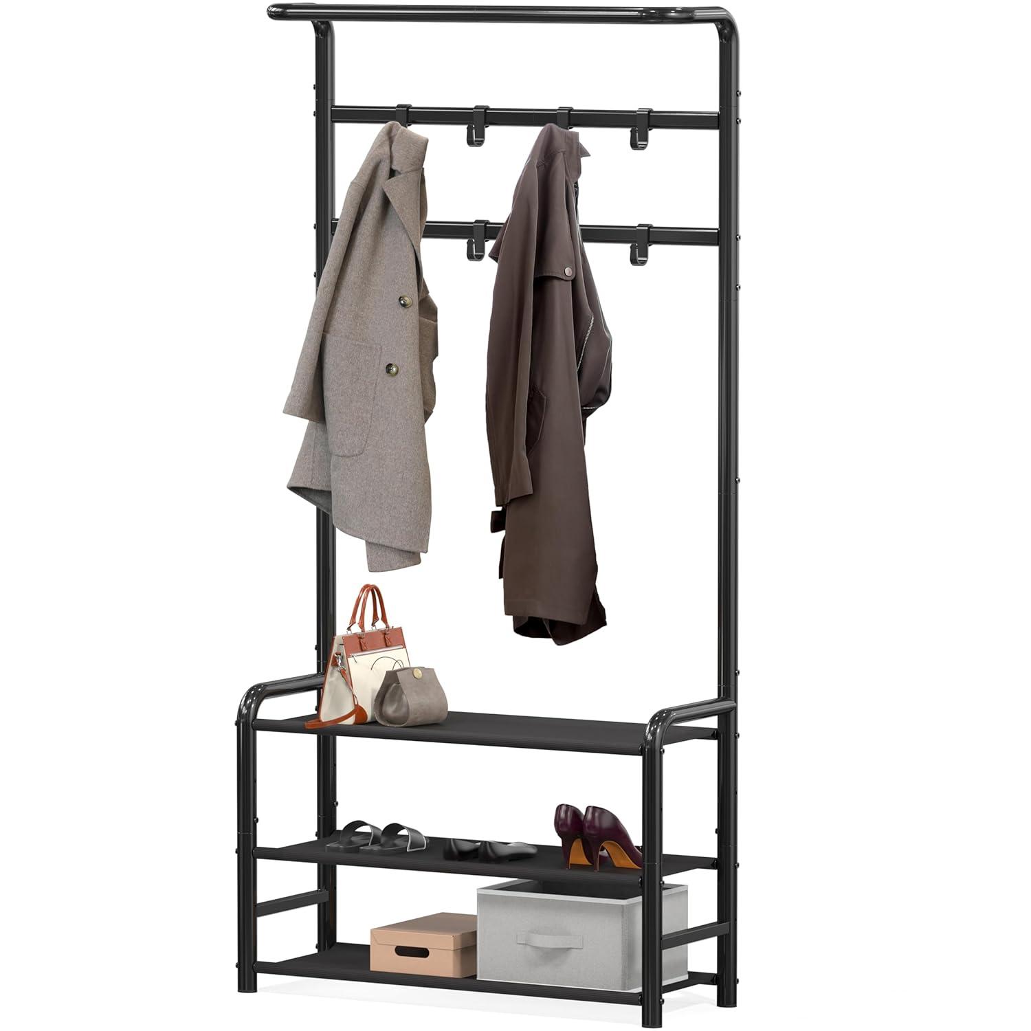 Simple Houseware Coat Rack with Storage Shelf and Shoe Rack for Entryway, Black