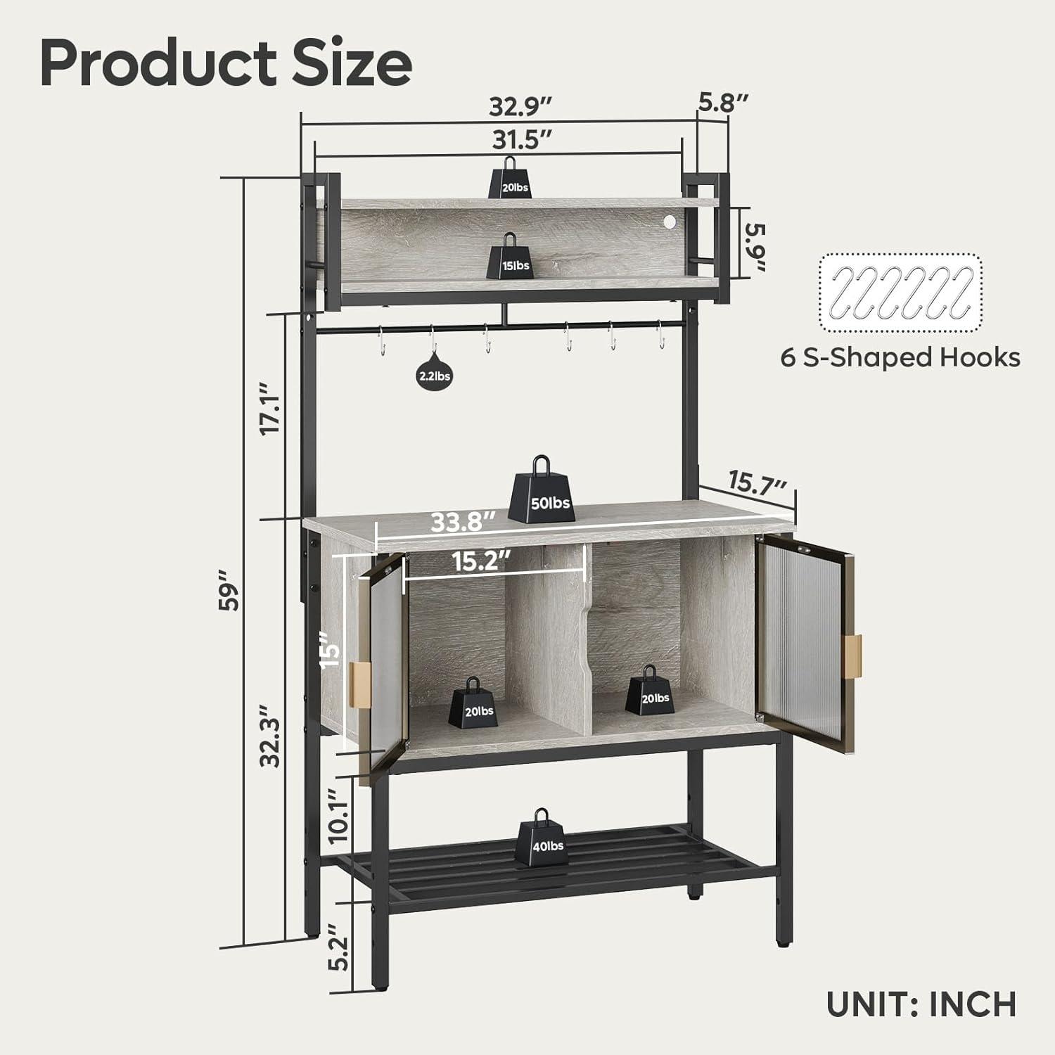 Bestier Coffee Bar with Storage, 5 Tier Microwave Stand with LED Lights, Kitchen Bakers Rack with Cabinet, Heavy Duty Storage Shelves for Kitchen Garage Pantry(Retro Grey Oak Light)