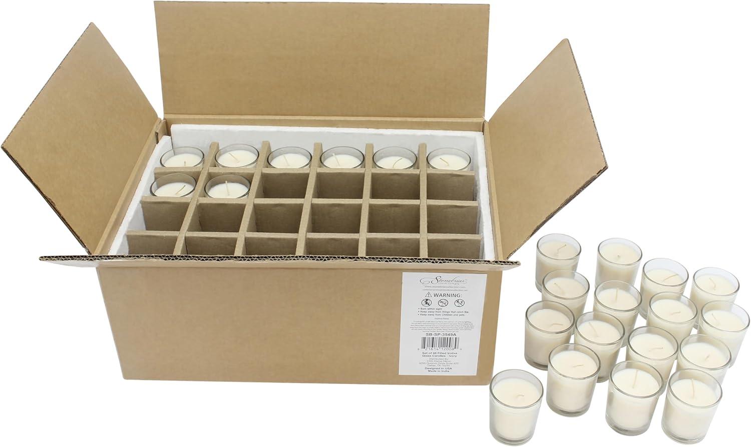 48pk Unscented Long Burning Clear Glass Wax Candles Ivory - Stonebriar Collection: Traditional Style, 15hr Burn Time