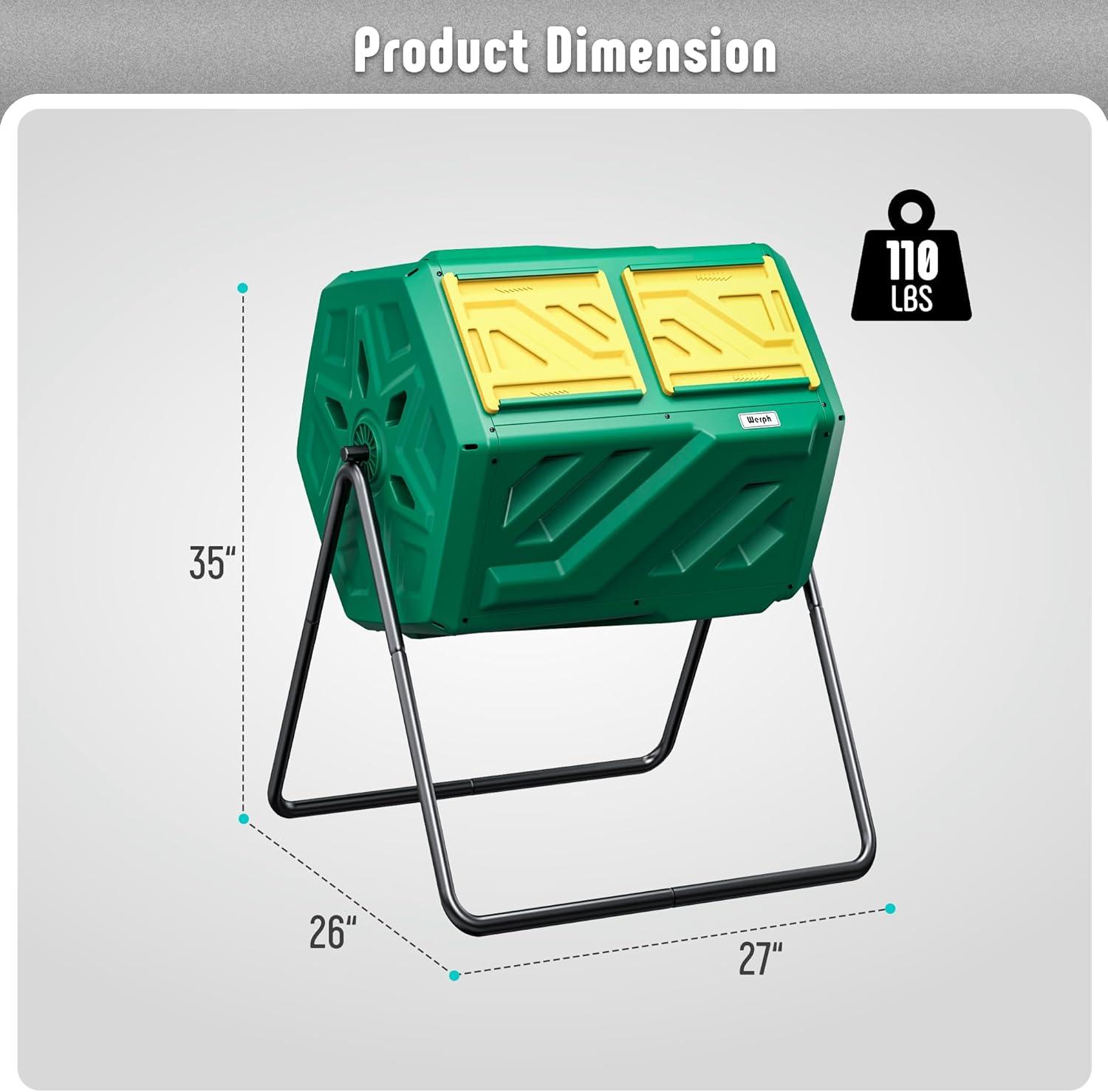 Werph Compost Bin Dual Dual Chamber Compost Tumbler, 43 Gallon Compost Tumbler Outdoor with 2 Sliding Doors, Heavy Duty Tumbling Rotating Composter Bin for Kitchen Garden Yard